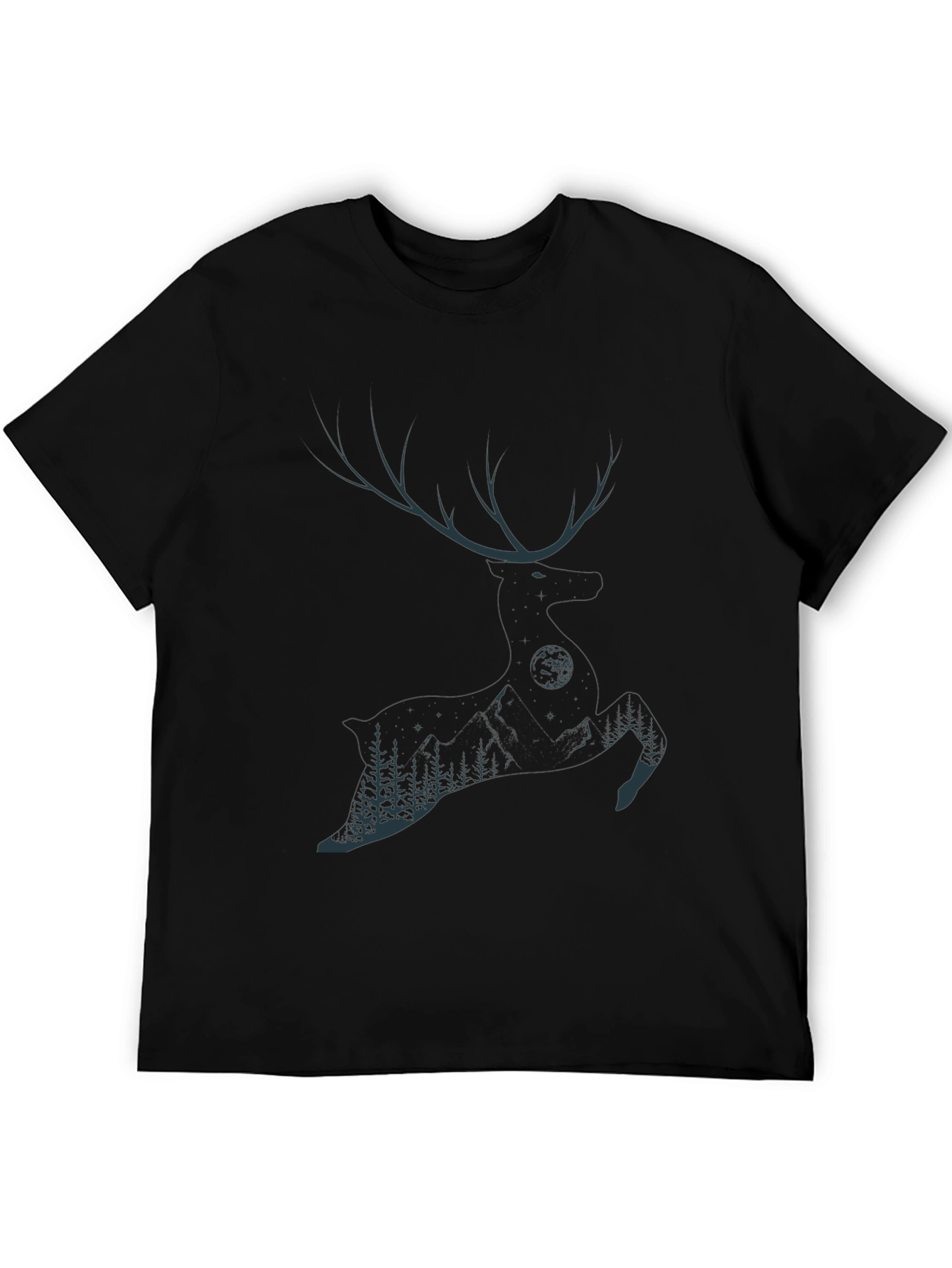 Mens Black T-Shirt with Deer & Forest Graphic