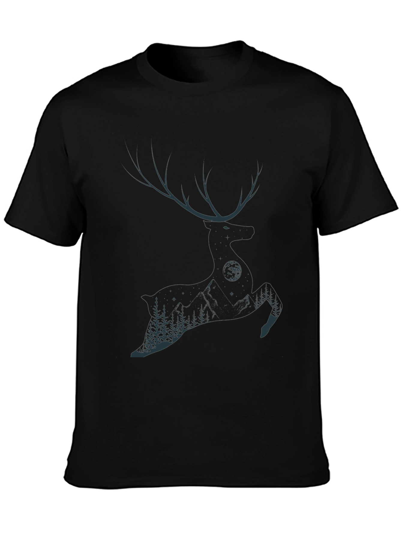 Mens Black T-Shirt with Deer & Forest Graphic