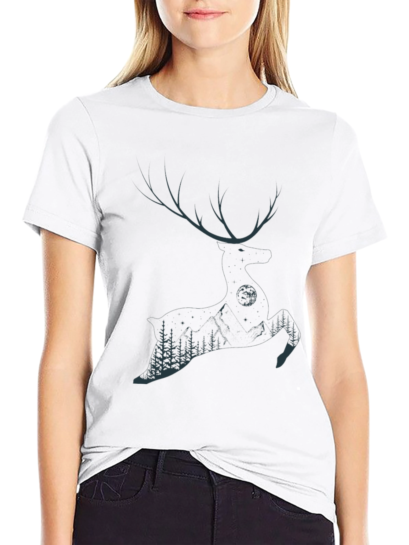 Mens Black T-Shirt with Deer & Forest Graphic