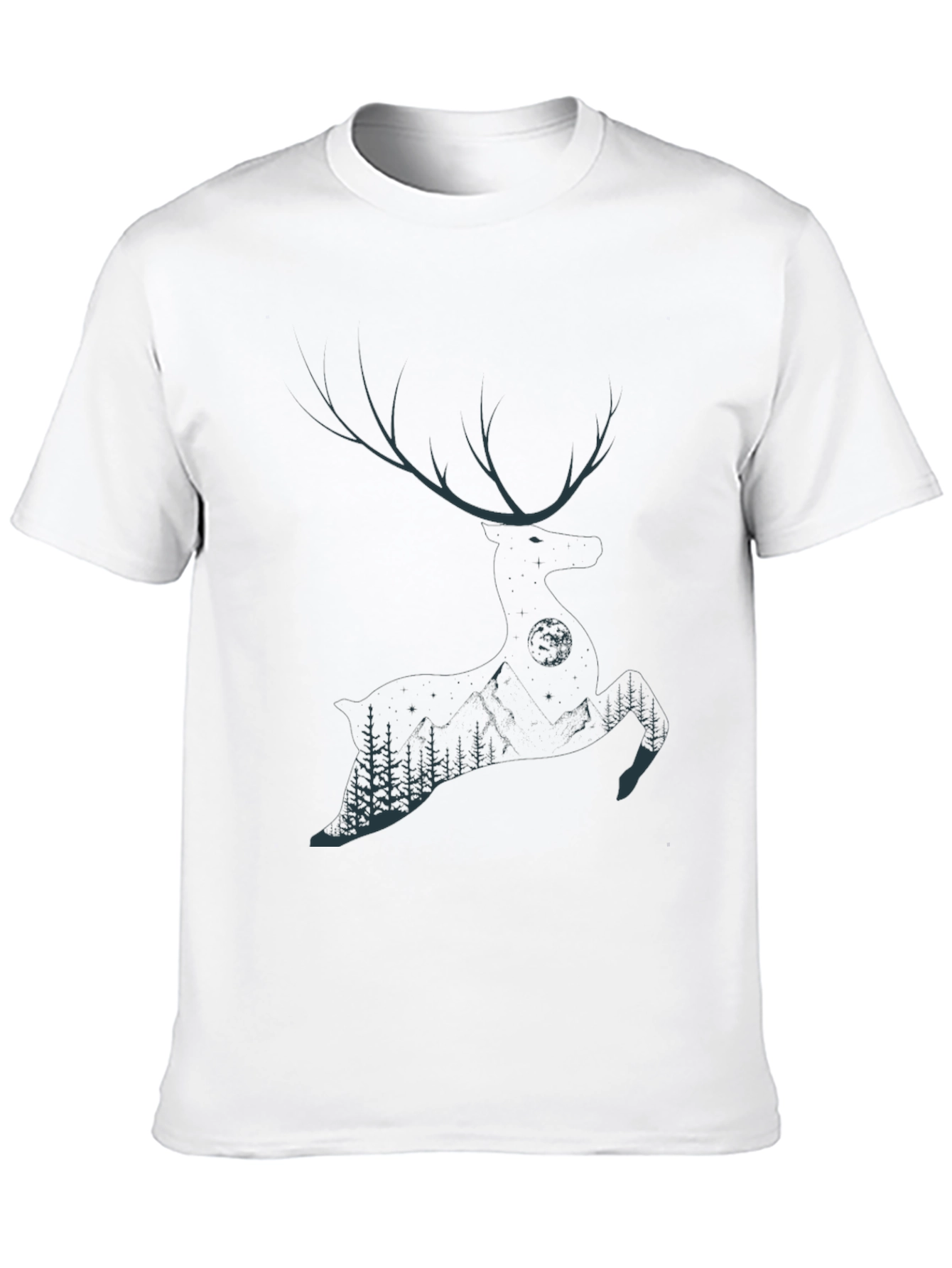 Mens Black T-Shirt with Deer & Forest Graphic