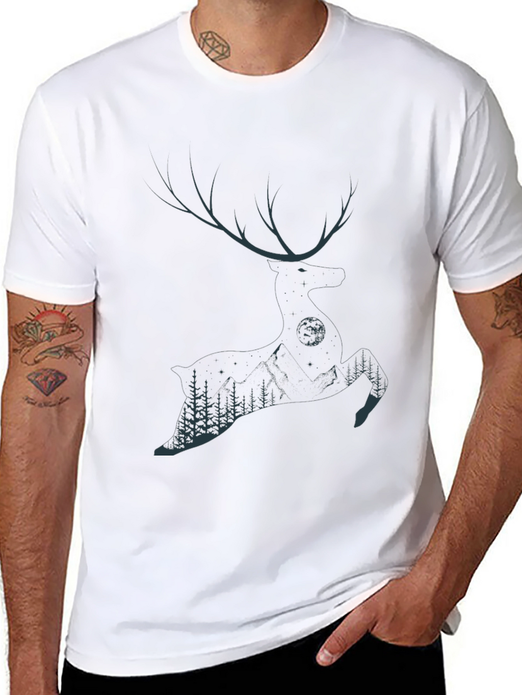 Mens Black T-Shirt with Deer & Forest Graphic