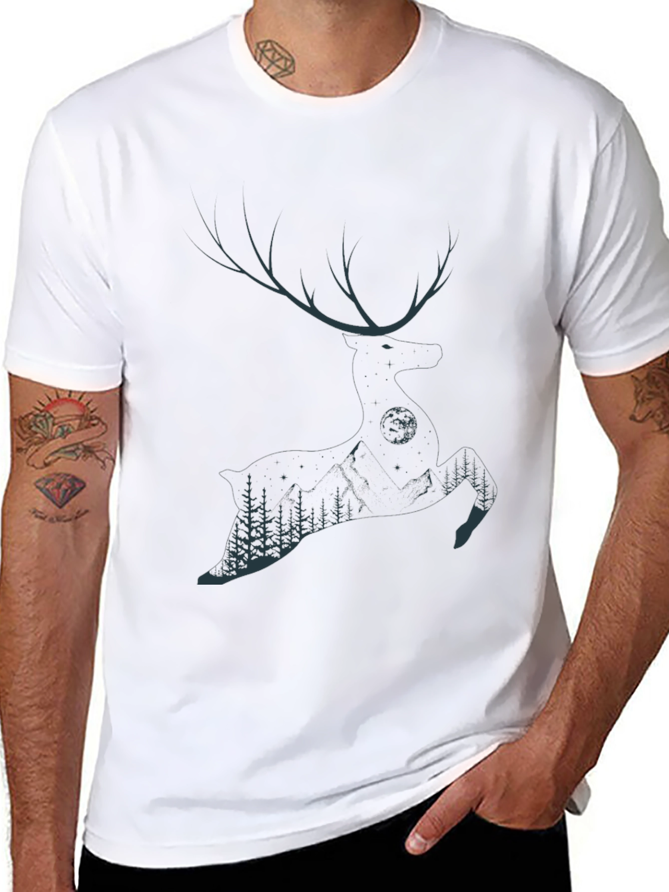 Mens Black T-Shirt with Deer & Forest Graphic