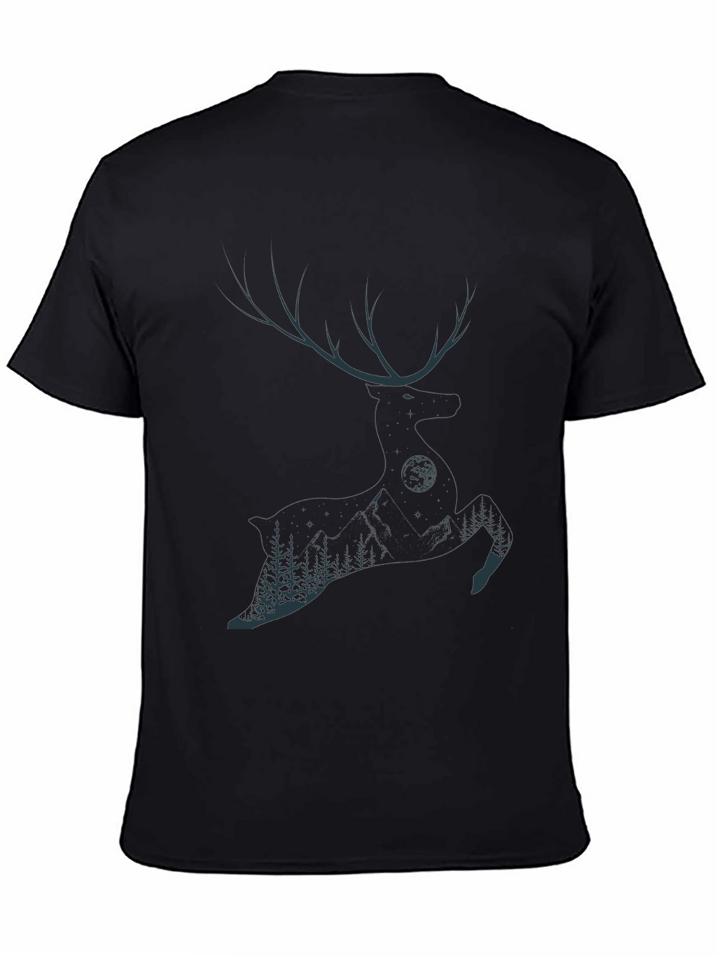 Mens Black T-Shirt with Deer & Forest Graphic