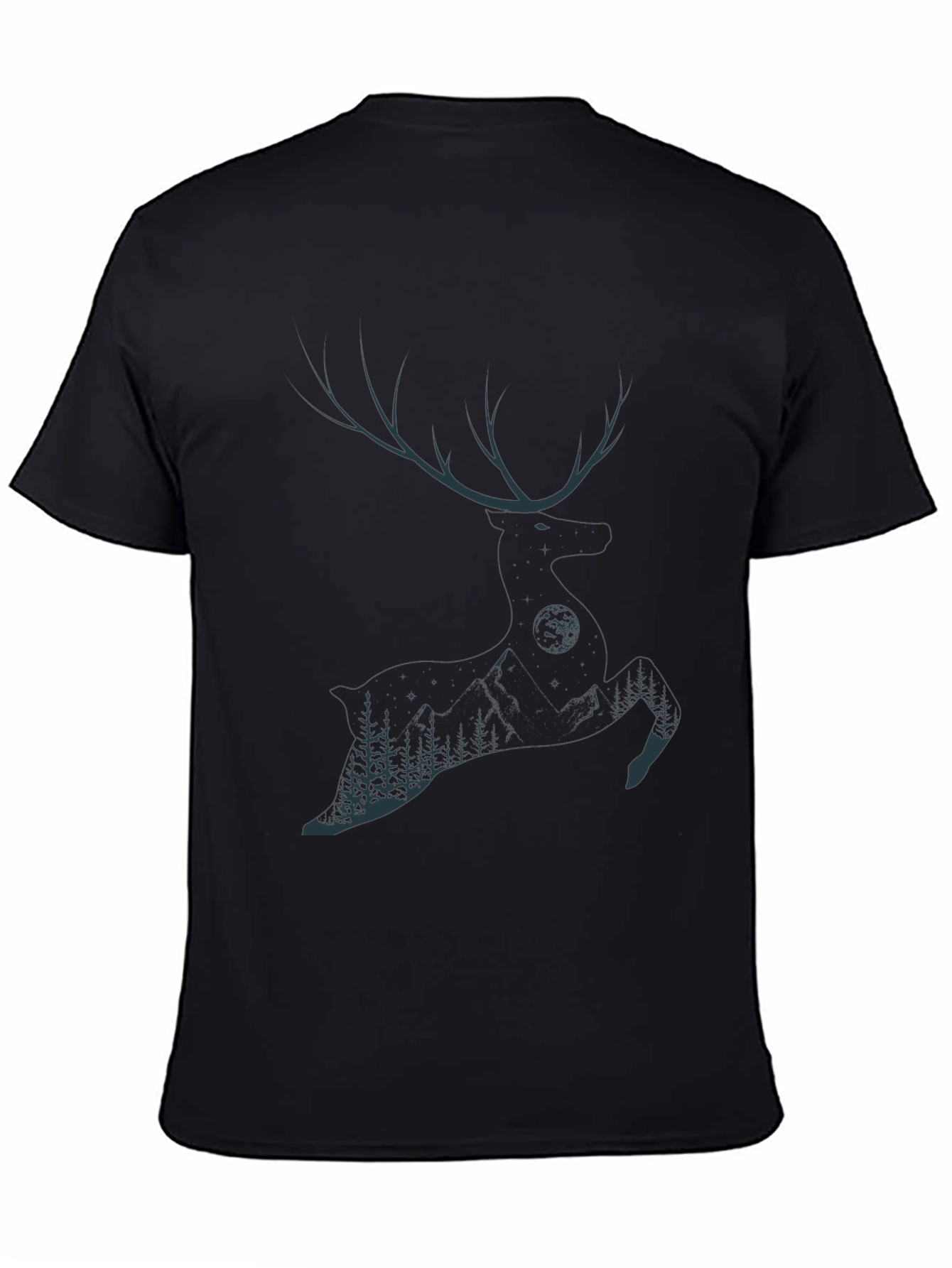 Mens Black T-Shirt with Deer & Forest Graphic