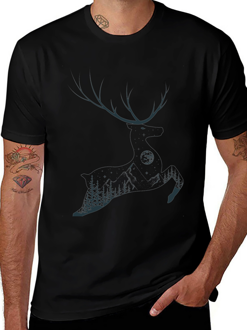 Mens Black T-Shirt with Deer & Forest Graphic