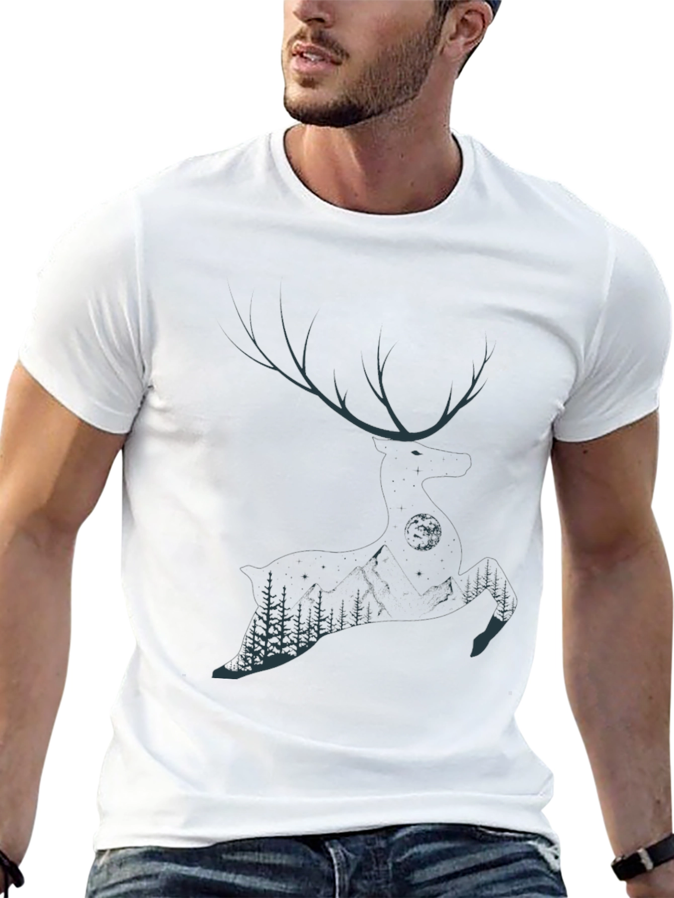 Mens Black T-Shirt with Deer & Forest Graphic