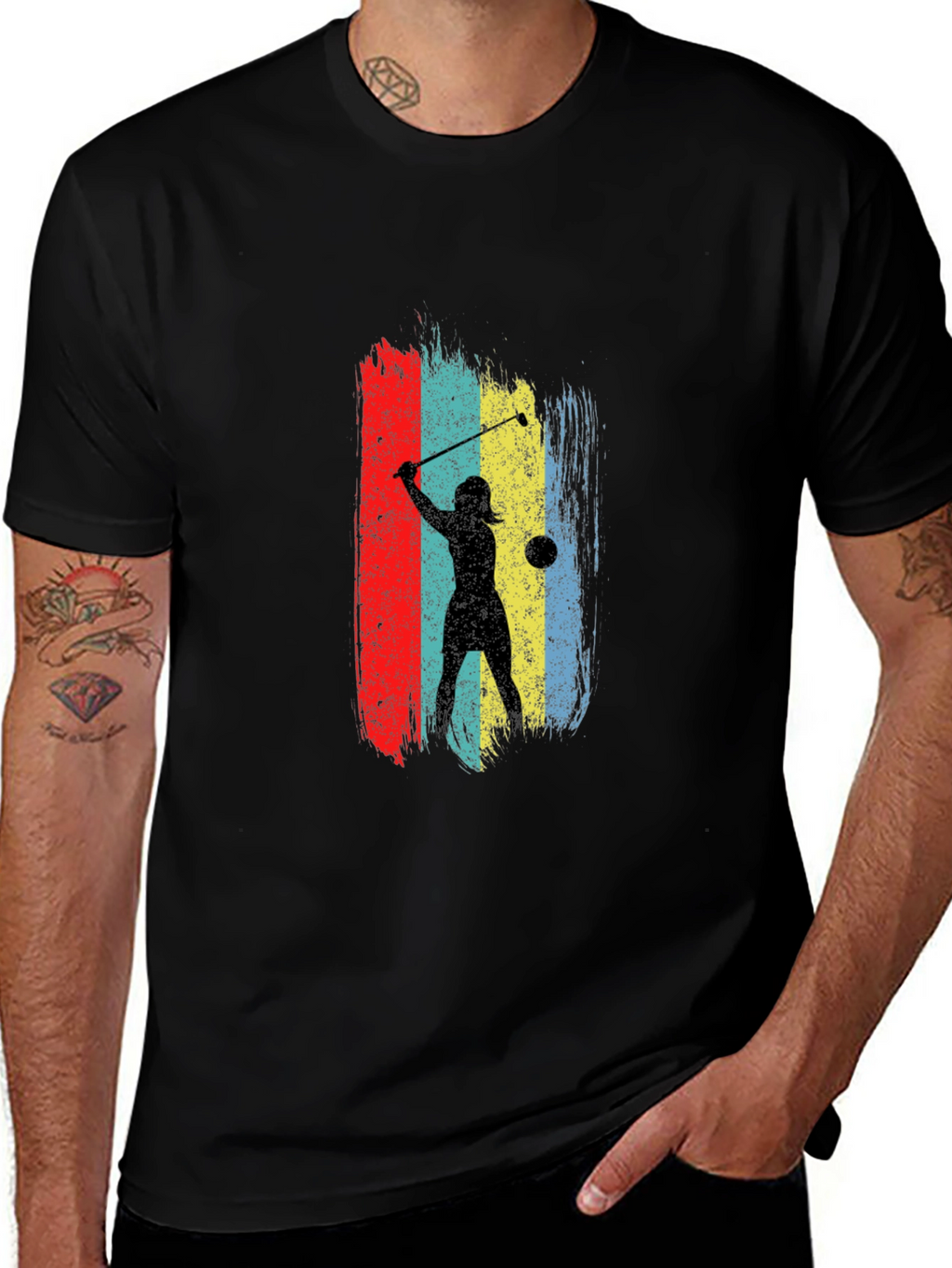 Retro Golfer Silhouette Graphic Tee - Black Cotton T-Shirt