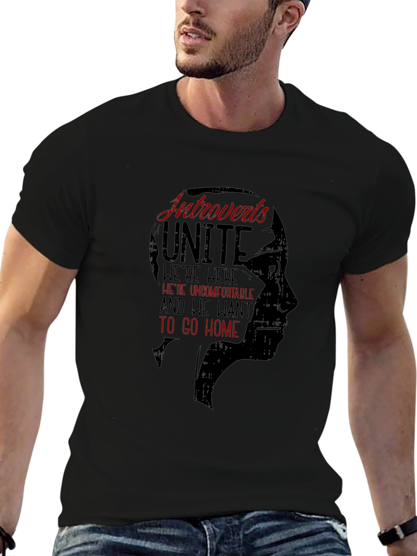 Introverts Unite Graphic Tee - Black Crew Neck T-Shirt