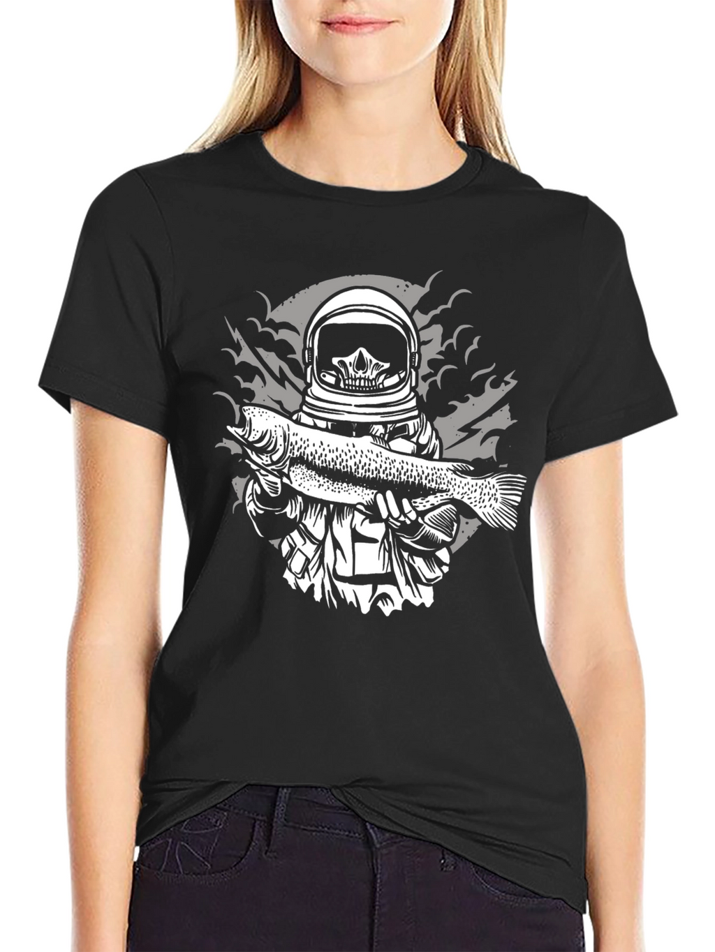 Astronaut Skeleton Fish Graphic Tee - Black