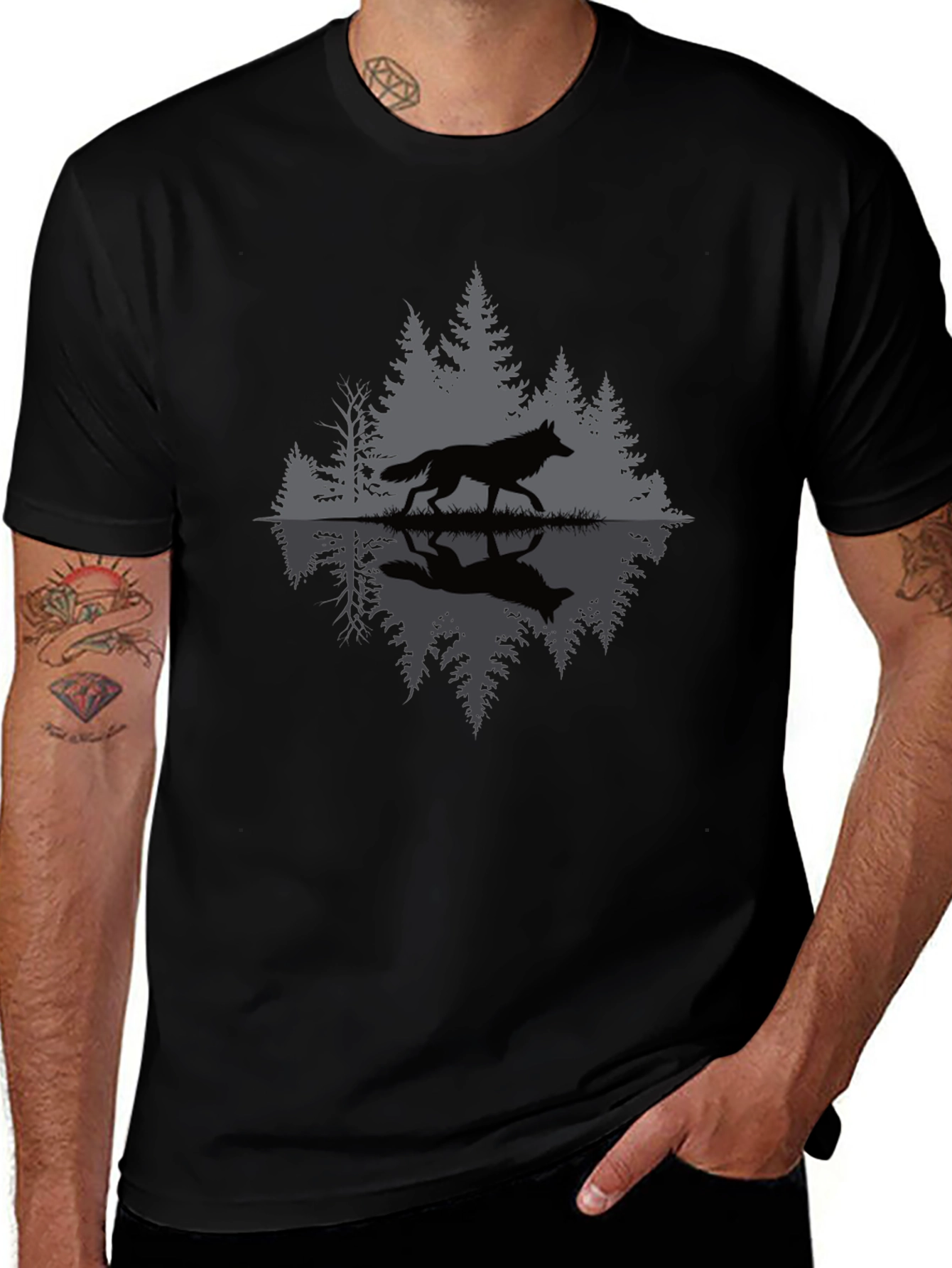Wolf Reflection Graphic Tee - Nature Inspired Black T-Shirt