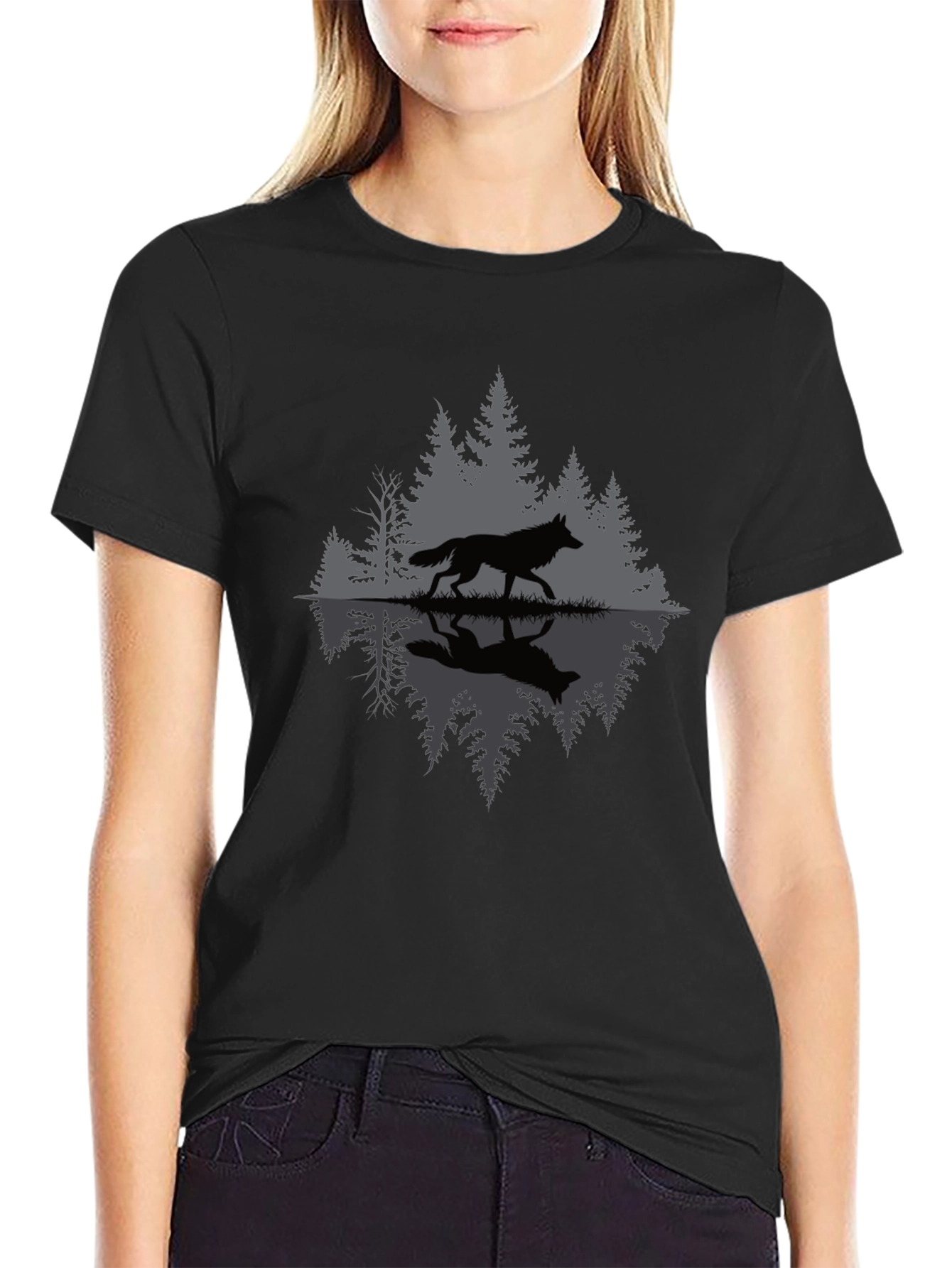 Wolf Reflection Graphic Tee - Nature Inspired Black T-Shirt