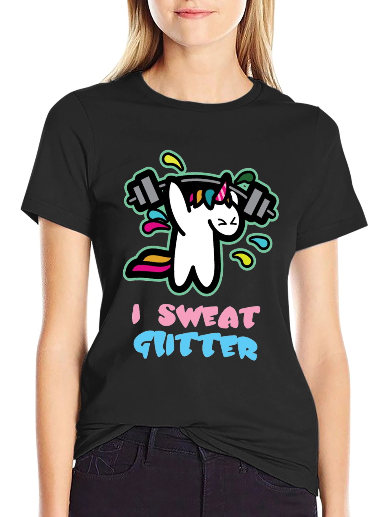 I Sweat Glitter Unicorn Gym Black T-Shirt