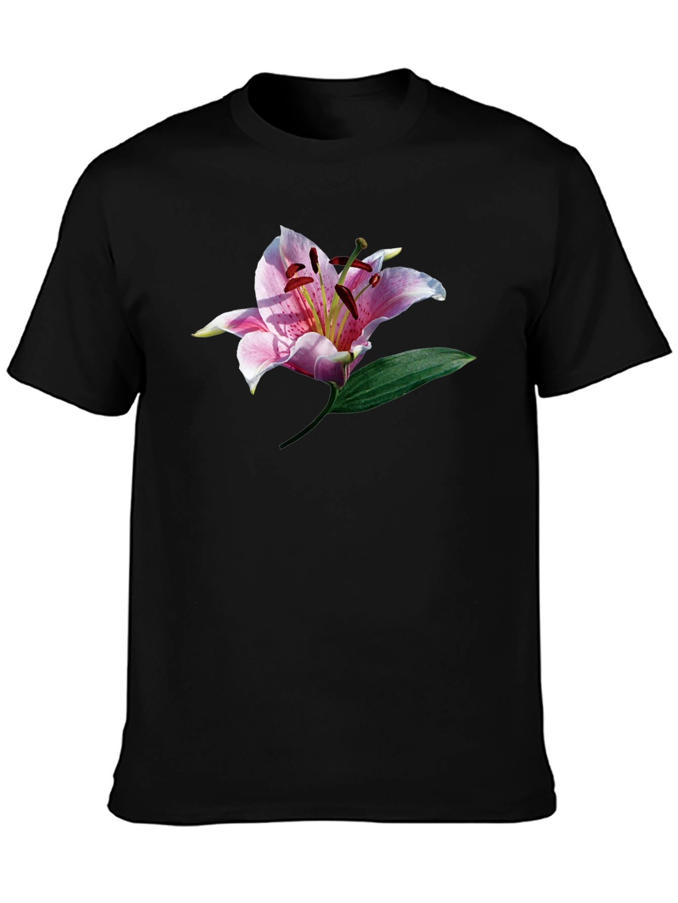 Black T-Shirt with Floral Lily Graphic Print