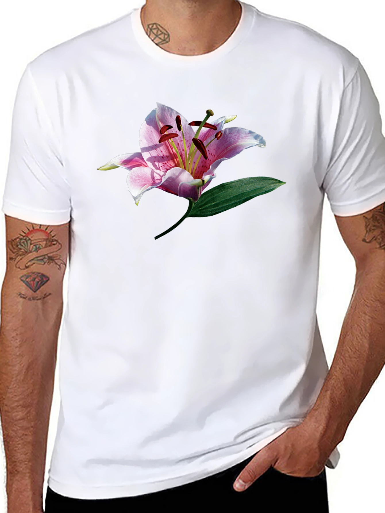 Black T-Shirt with Floral Lily Graphic Print