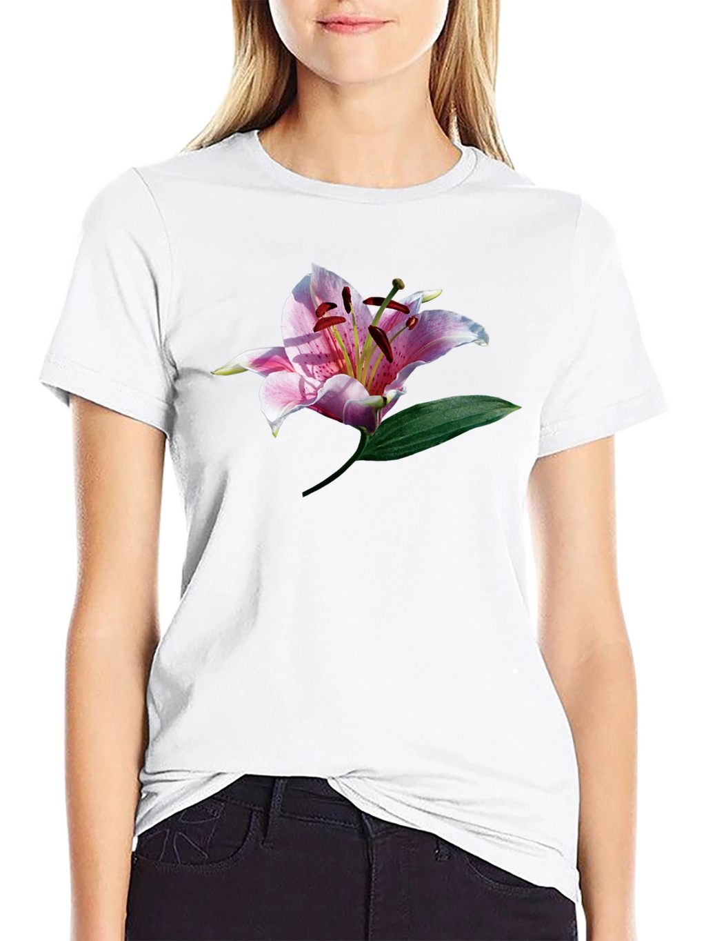 Black T-Shirt with Floral Lily Graphic Print