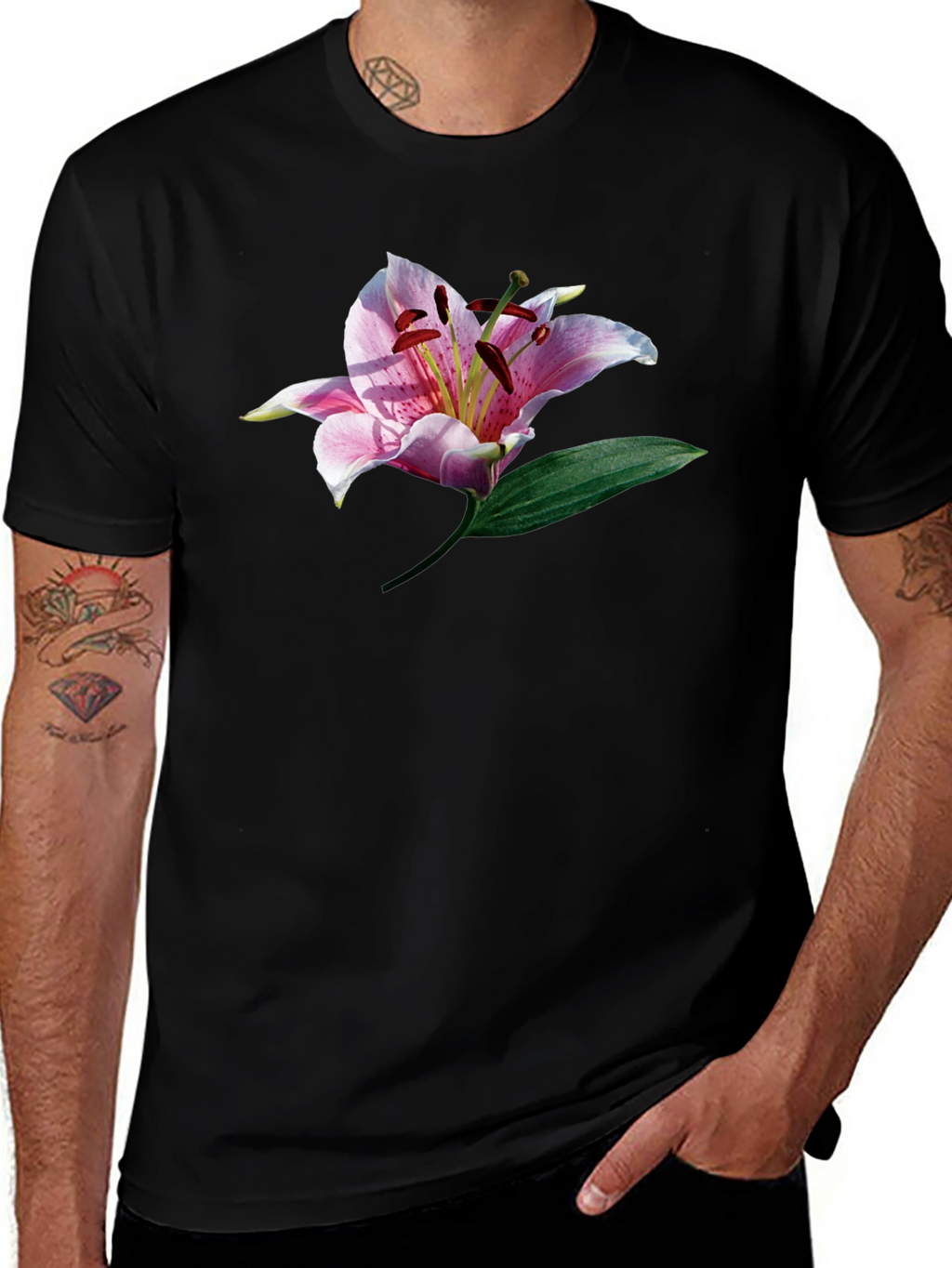 Black T-Shirt with Floral Lily Graphic Print