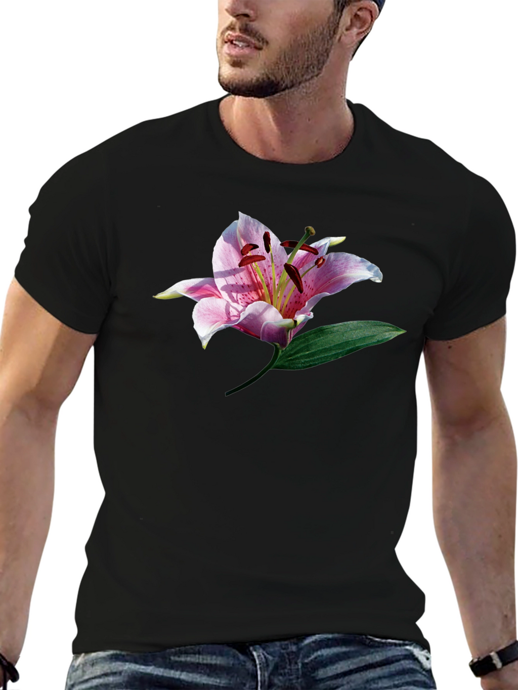 Black T-Shirt with Floral Lily Graphic Print
