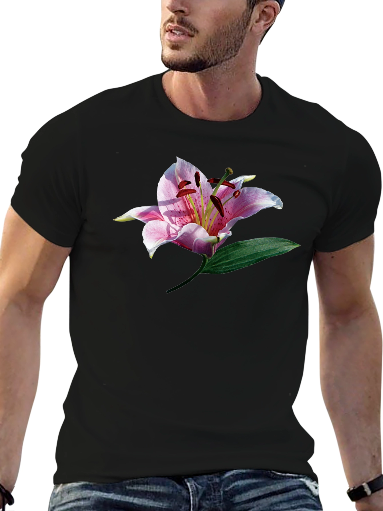 Black T-Shirt with Floral Lily Graphic Print
