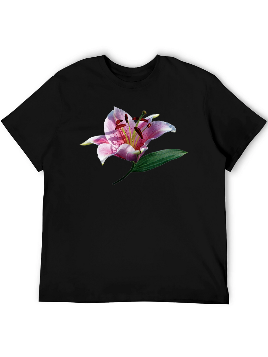 Black T-Shirt with Floral Lily Graphic Print