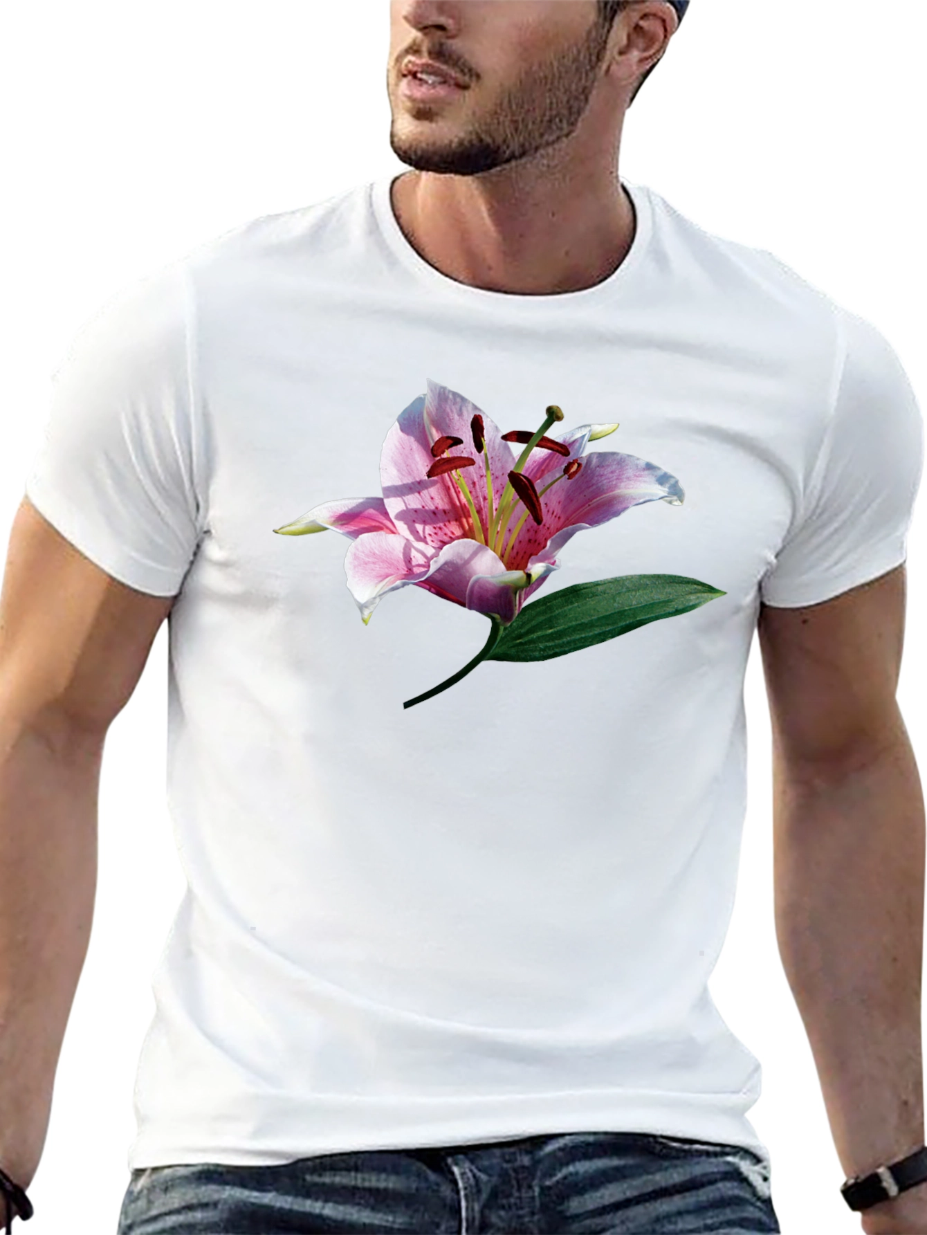 Black T-Shirt with Floral Lily Graphic Print