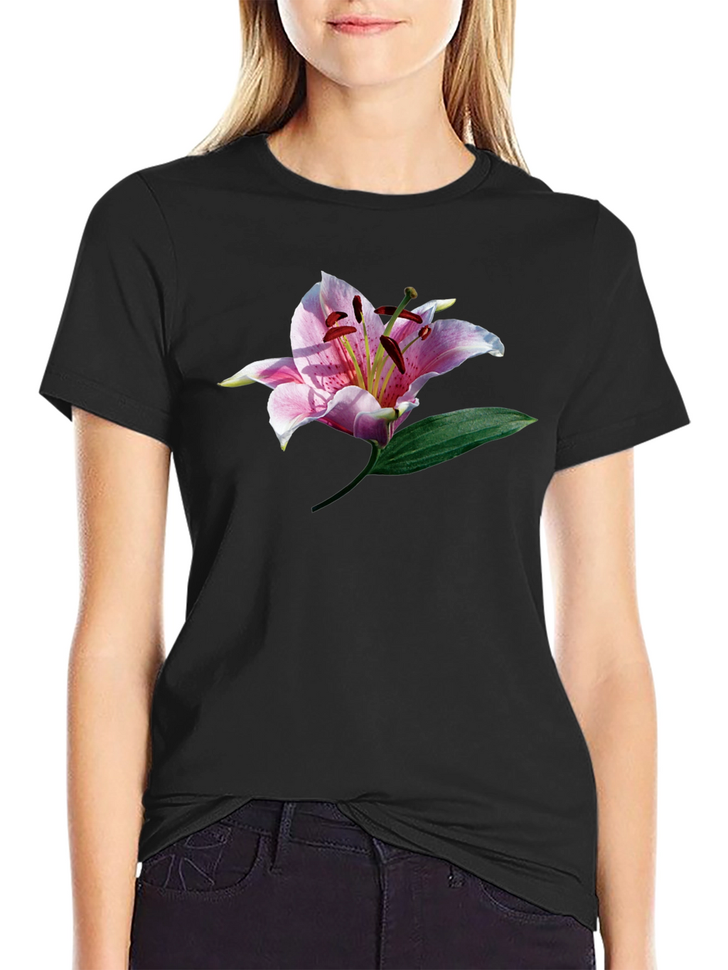 Black T-Shirt with Floral Lily Graphic Print
