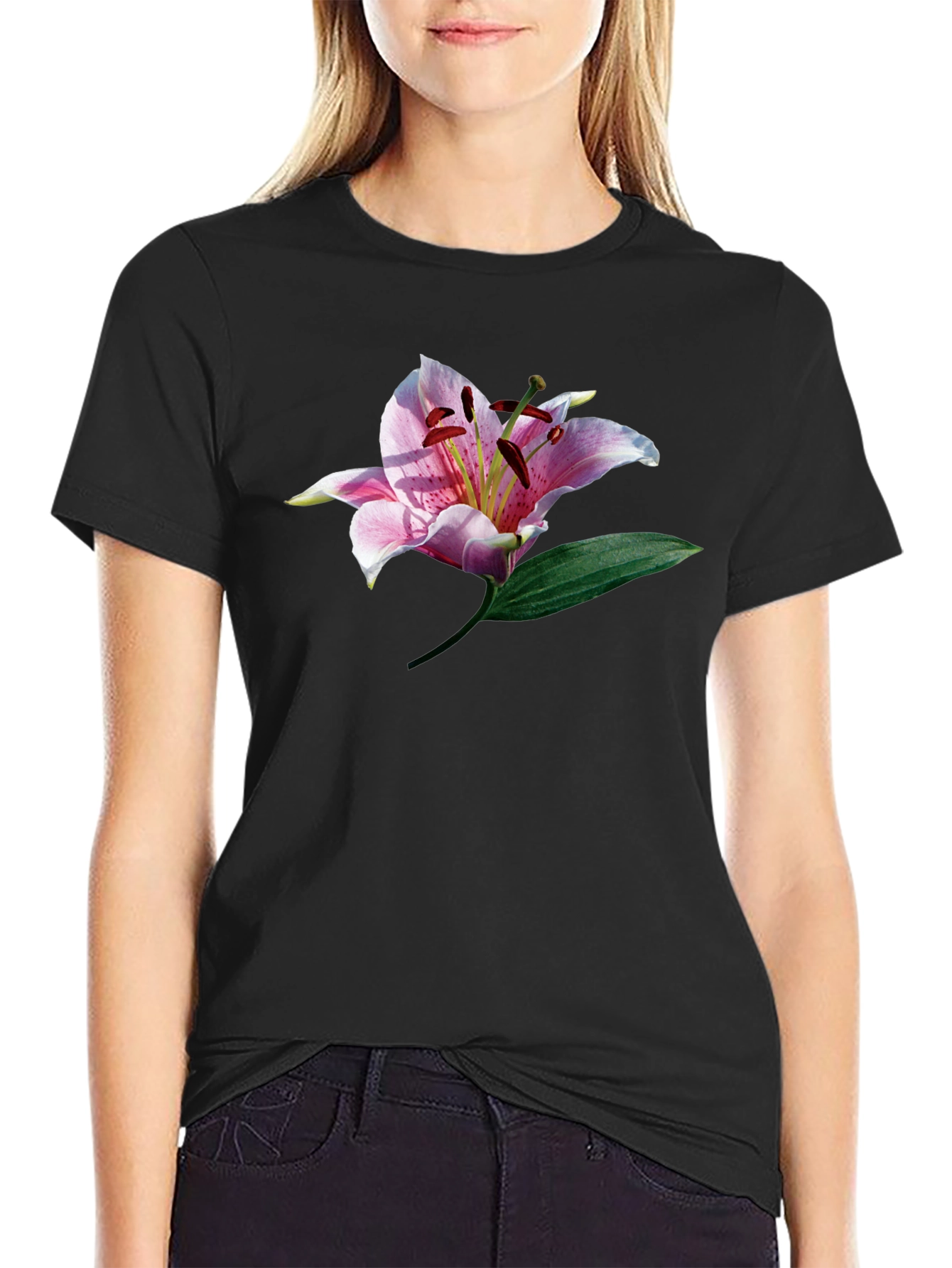 Black T-Shirt with Floral Lily Graphic Print