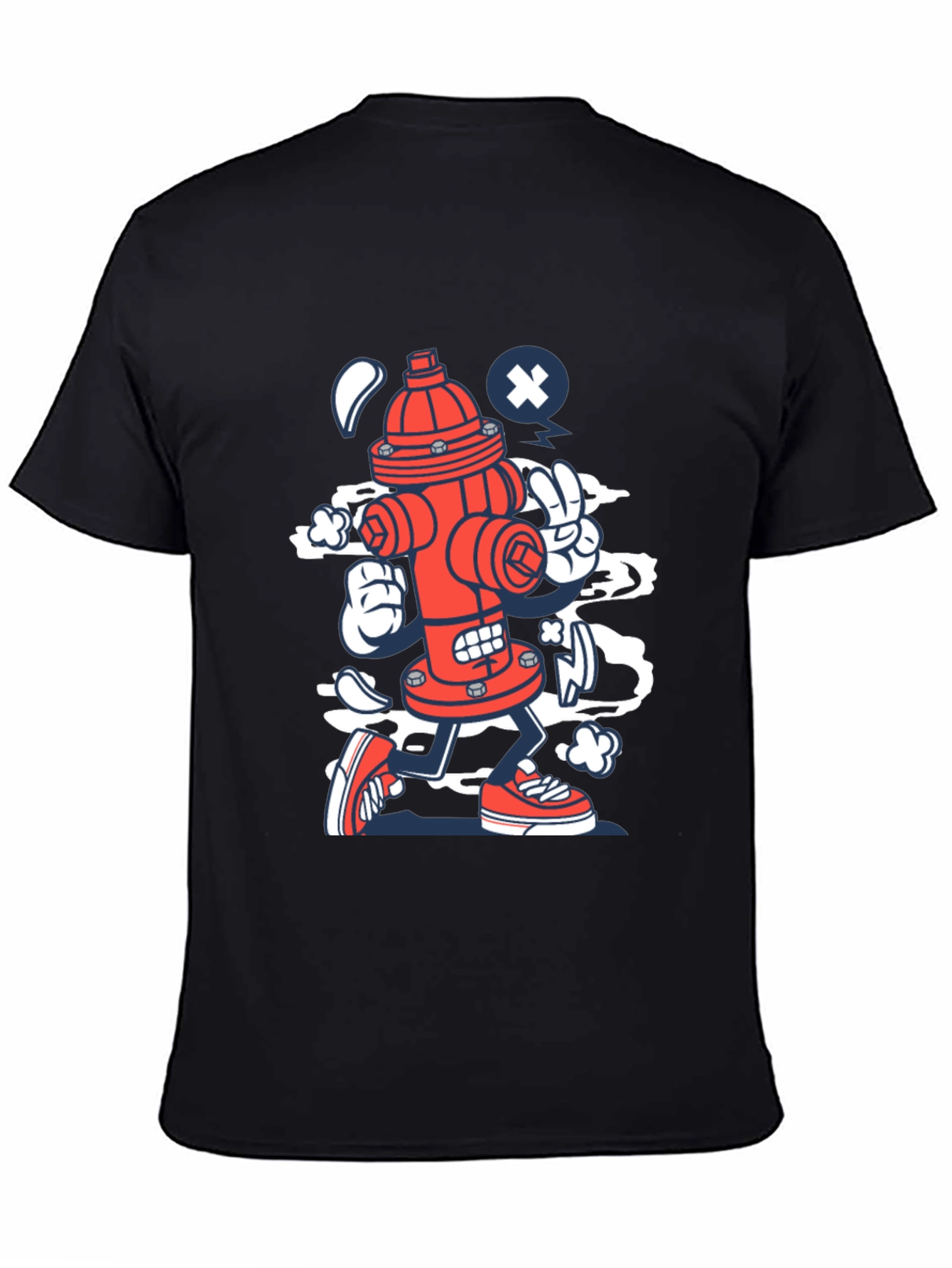 Cartoon Fire Hydrant Graphic Tee - Black Cotton Shirt