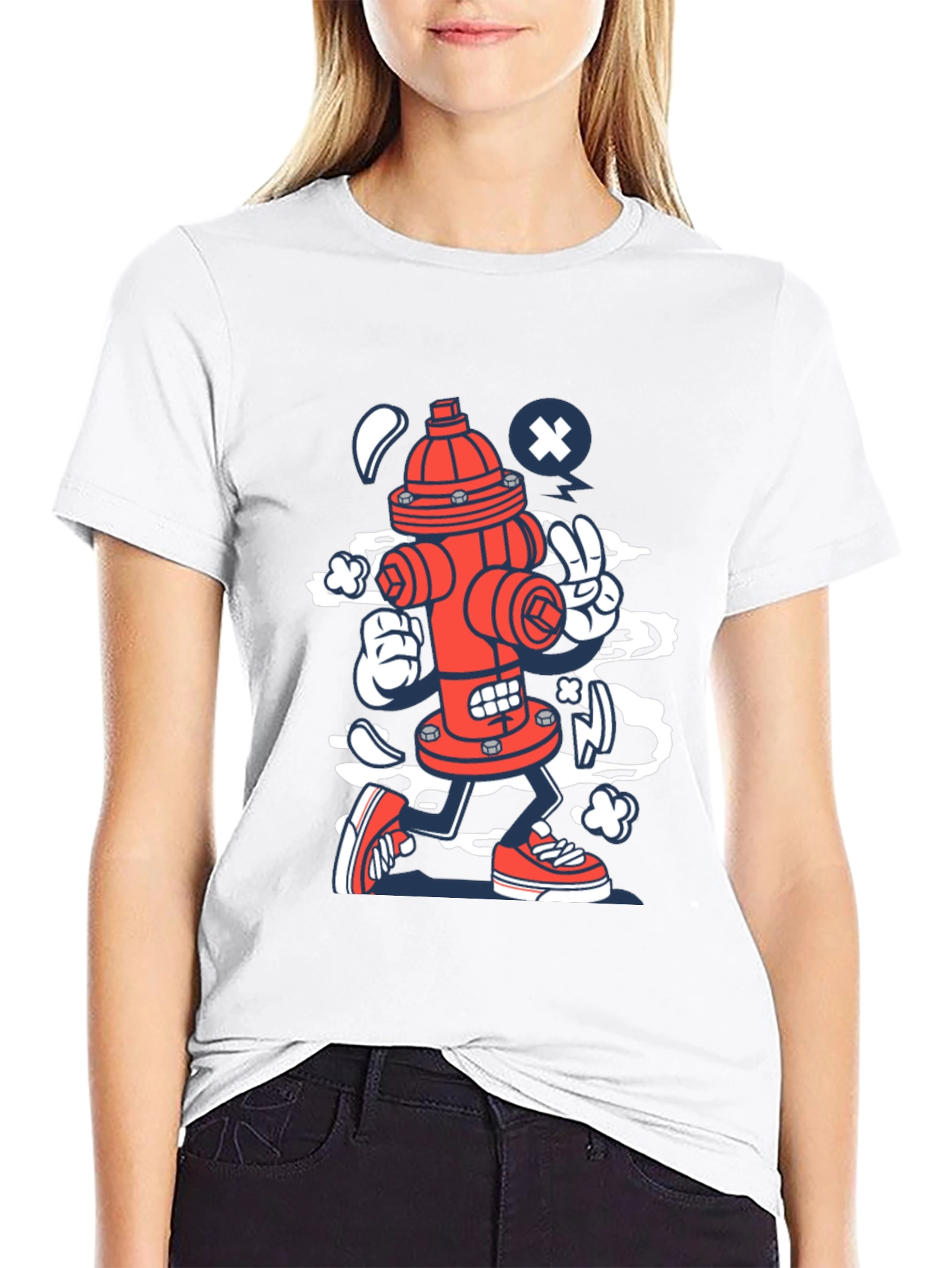 Cartoon Fire Hydrant Graphic Tee - Black Cotton Shirt