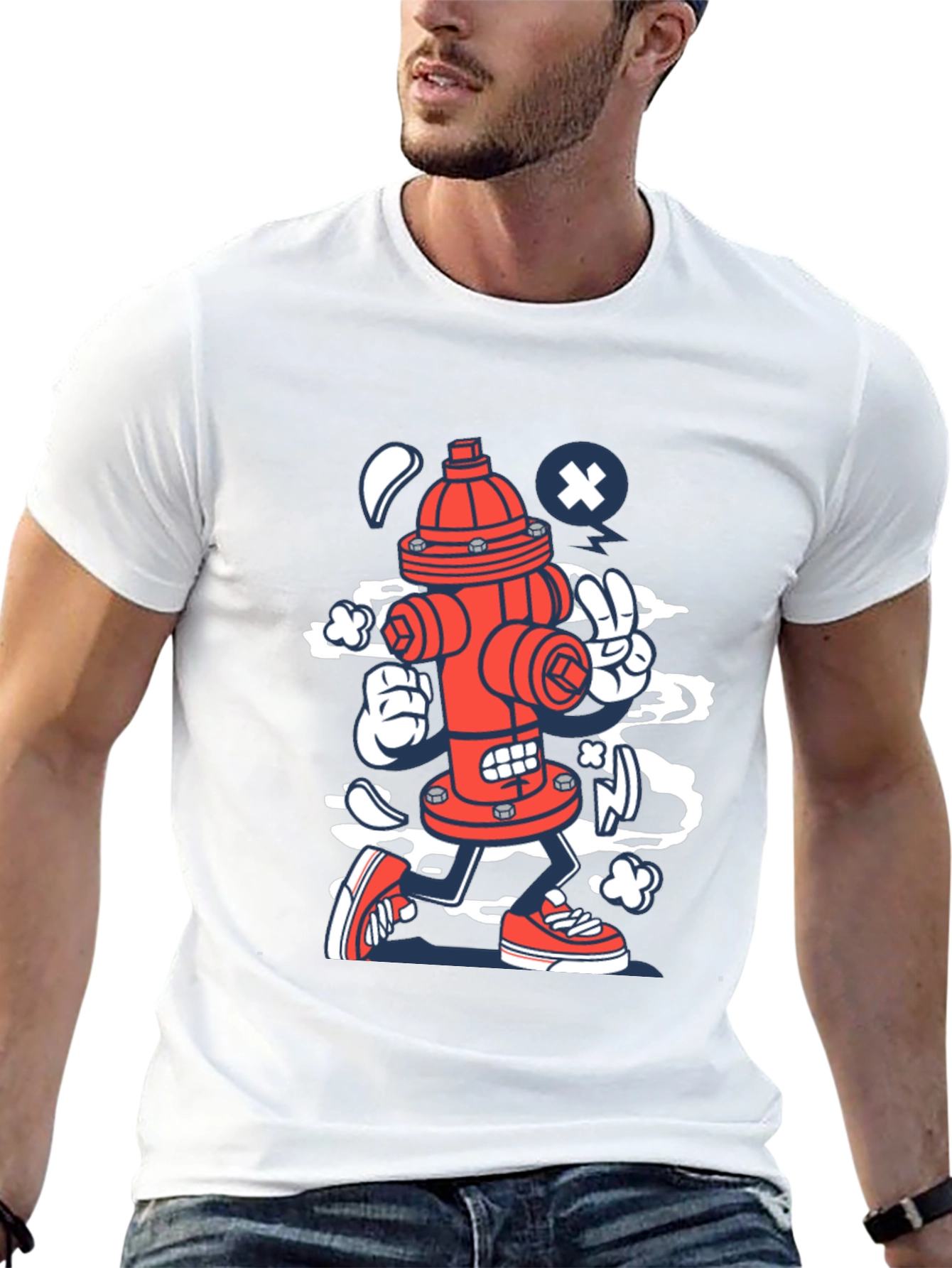 Cartoon Fire Hydrant Graphic Tee - Black Cotton Shirt