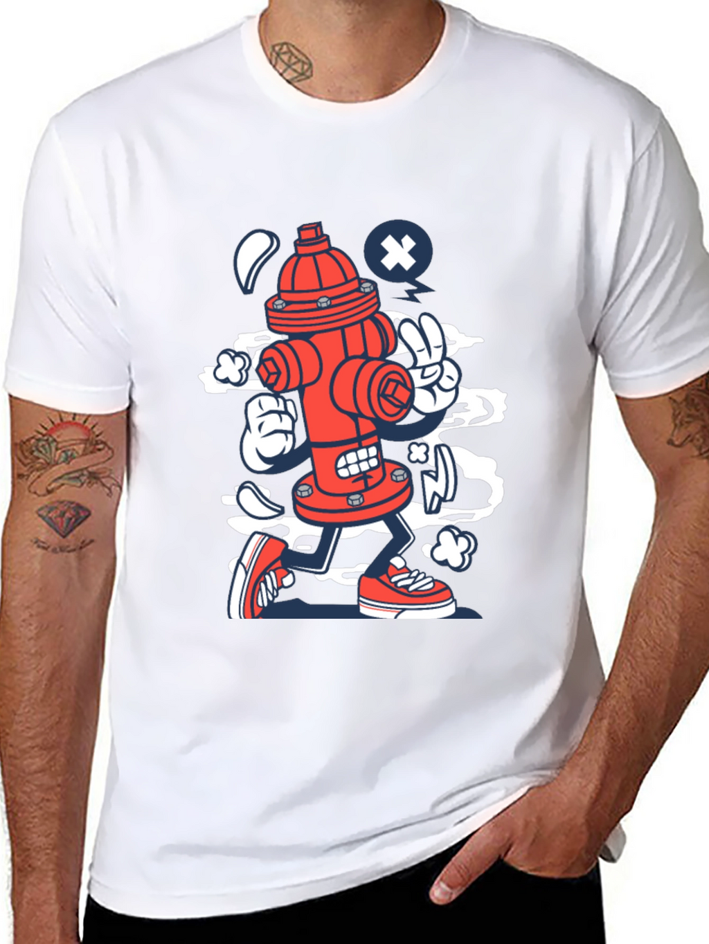 Cartoon Fire Hydrant Graphic Tee - Black Cotton Shirt