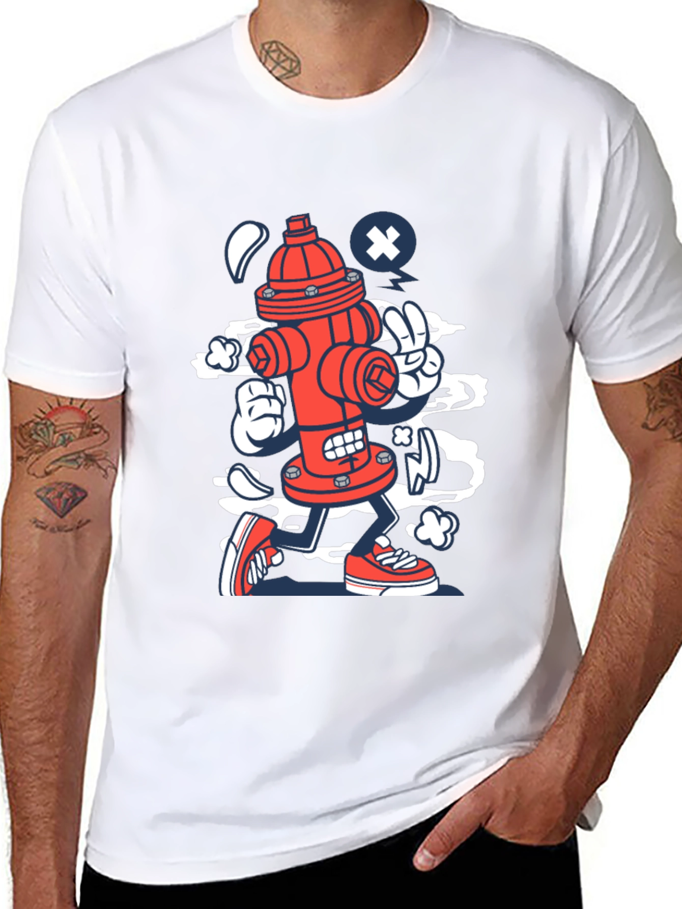 Cartoon Fire Hydrant Graphic Tee - Black Cotton Shirt