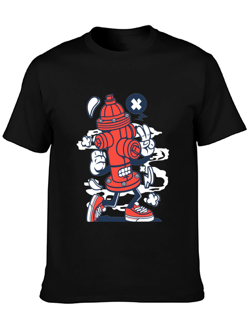 Cartoon Fire Hydrant Graphic Tee - Black Cotton Shirt