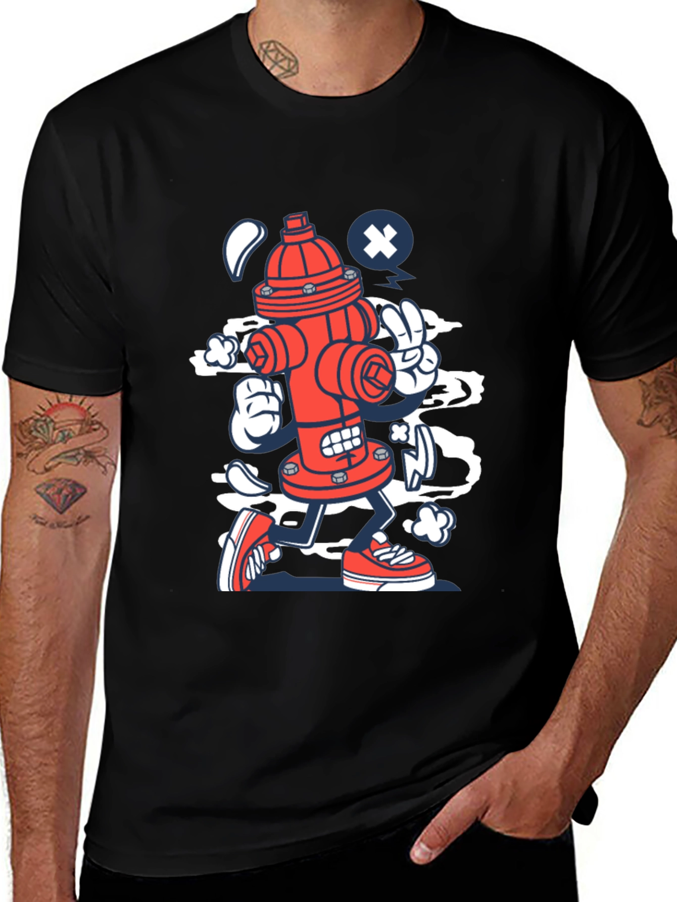 Cartoon Fire Hydrant Graphic Tee - Black Cotton Shirt