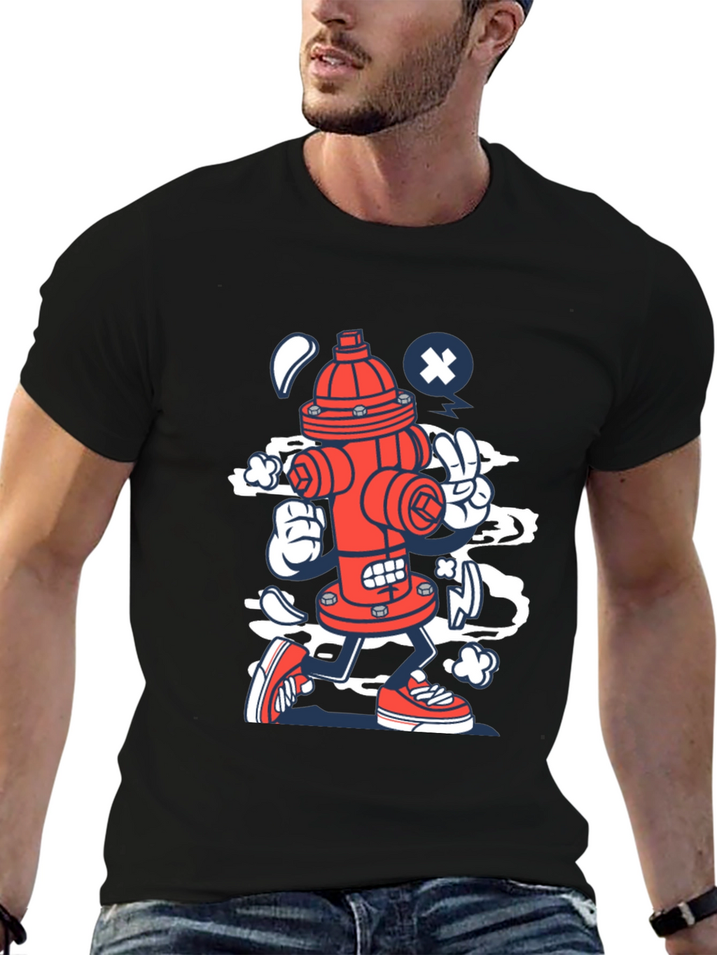 Cartoon Fire Hydrant Graphic Tee - Black Cotton Shirt