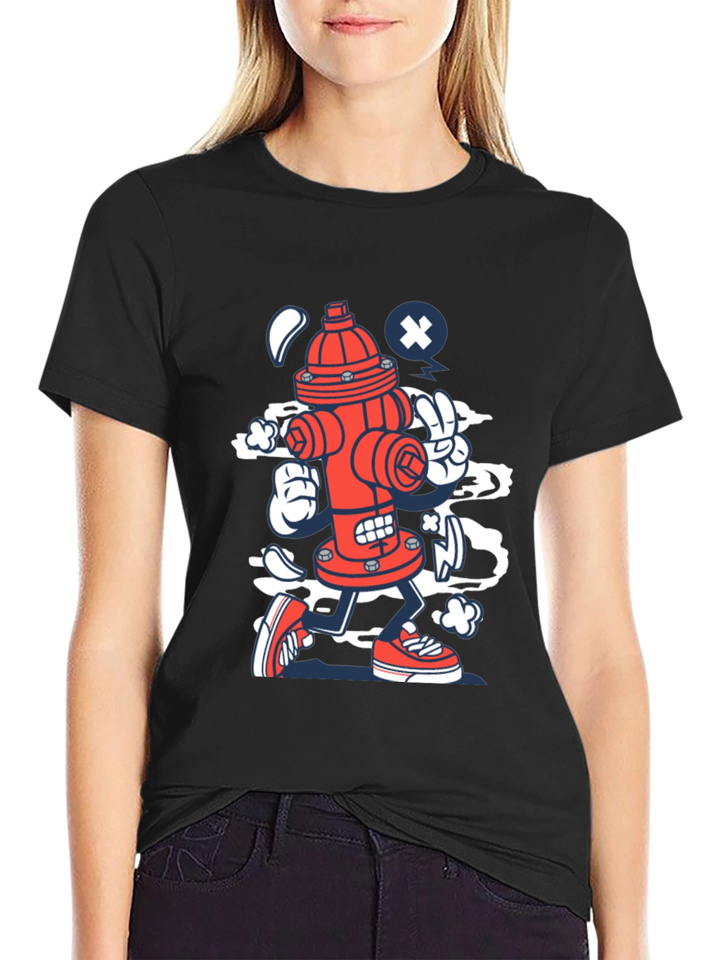 Cartoon Fire Hydrant Graphic Tee - Black Cotton Shirt