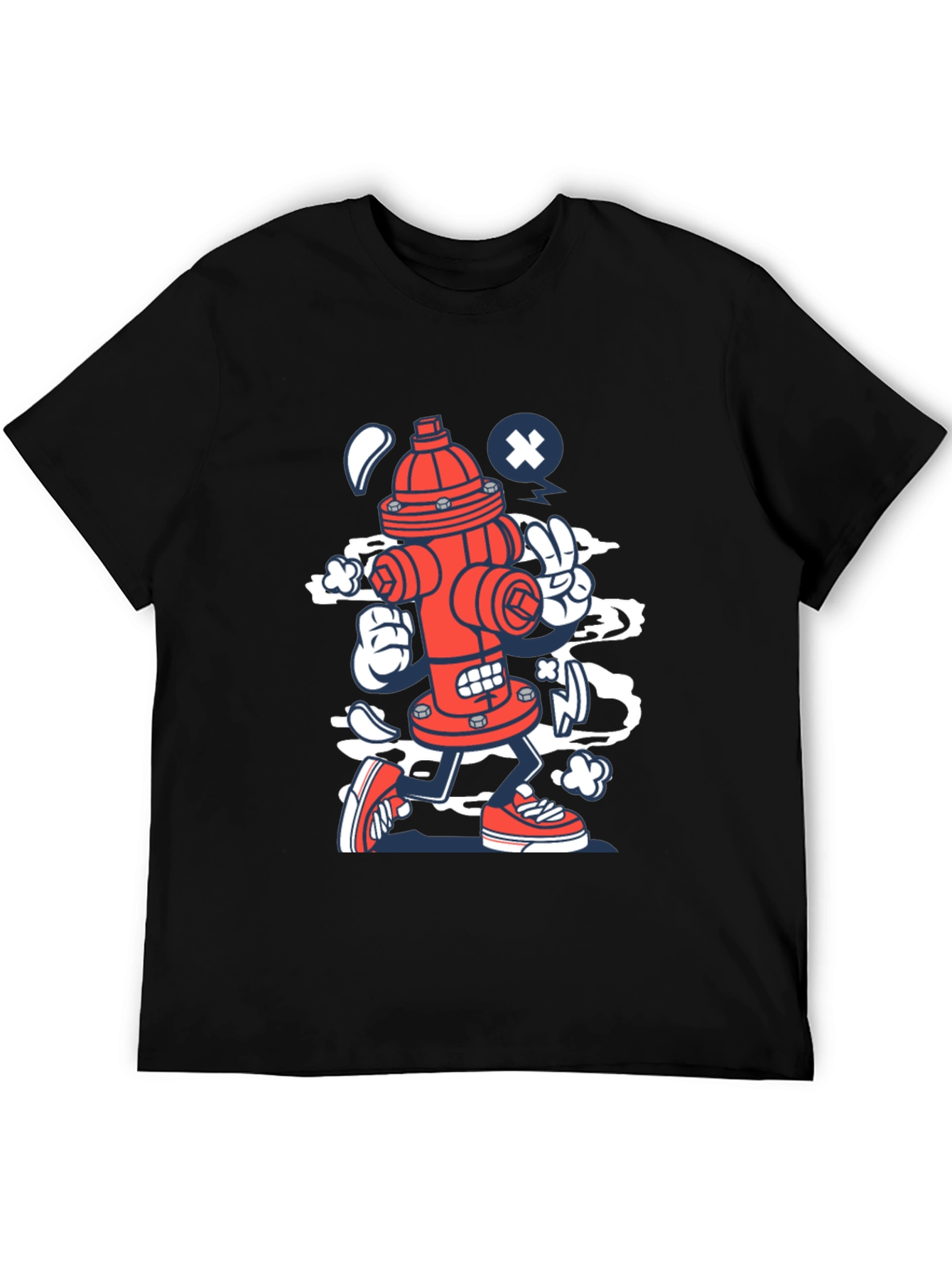 Cartoon Fire Hydrant Graphic Tee - Black Cotton Shirt