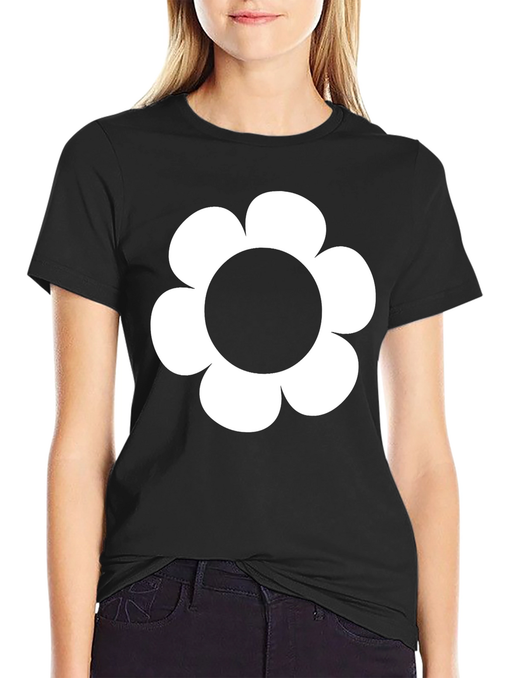 Black T-Shirt with White Flower Graphic