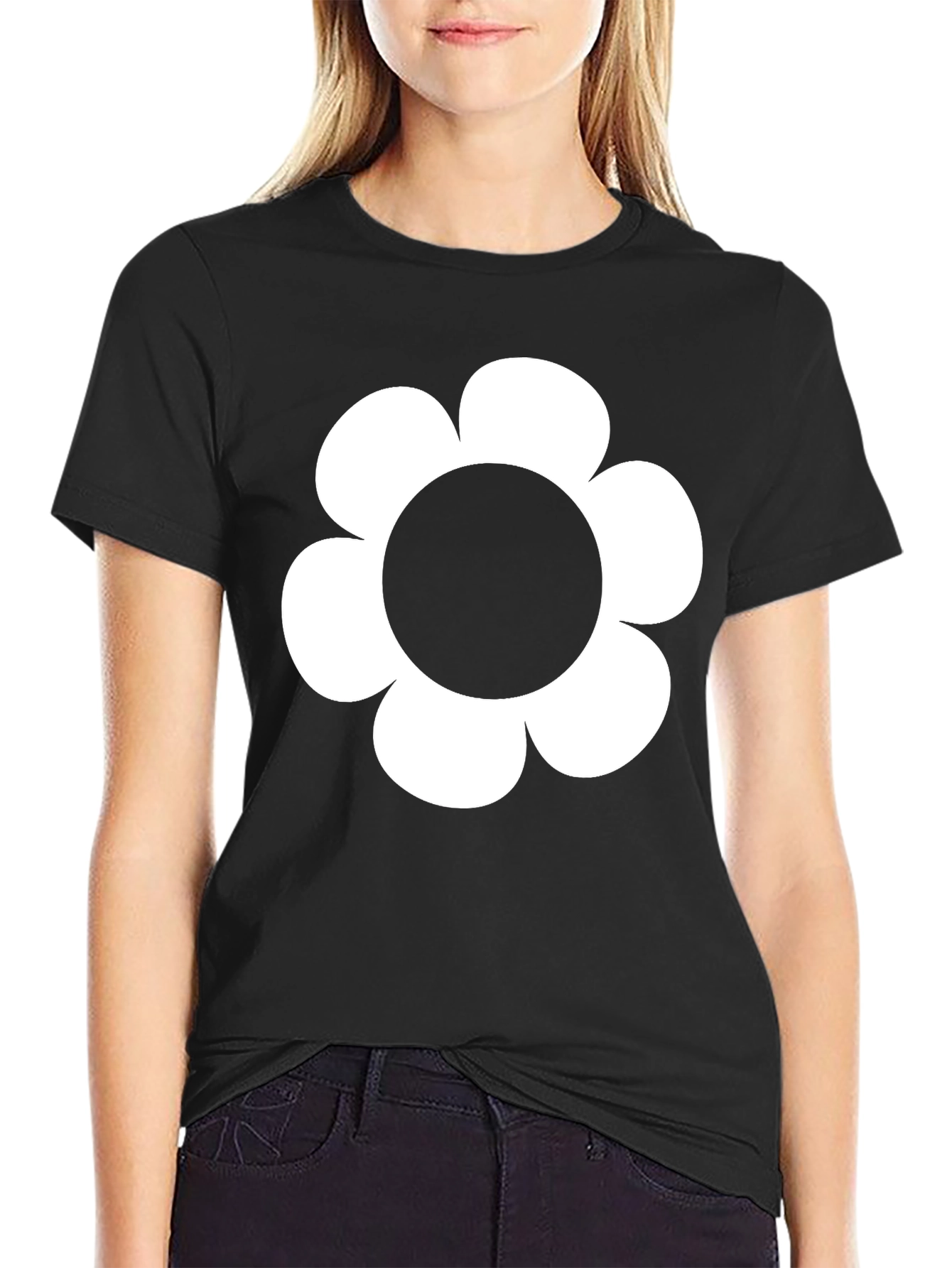 Black T-Shirt with White Flower Graphic