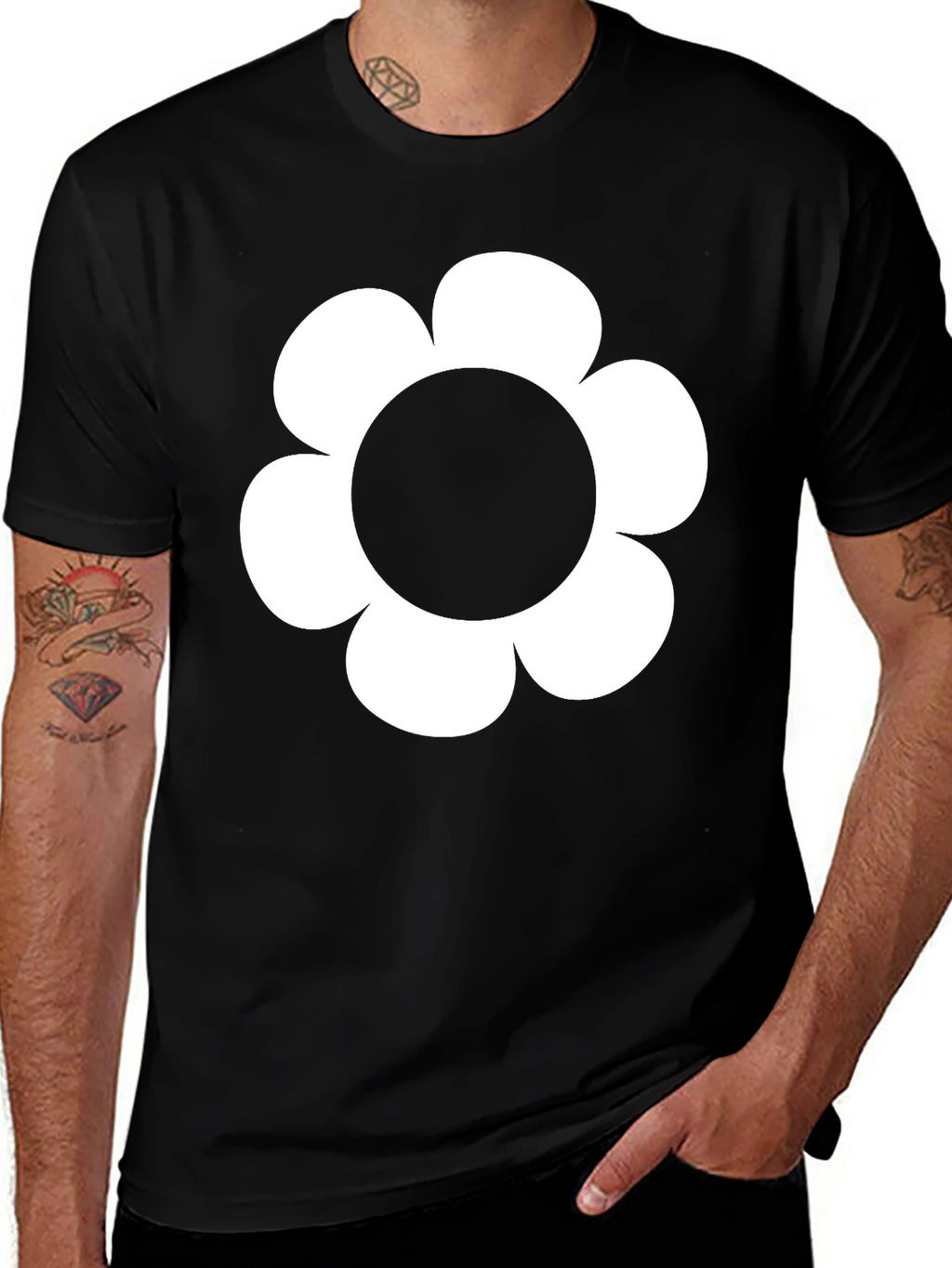 Black T-Shirt with White Flower Graphic