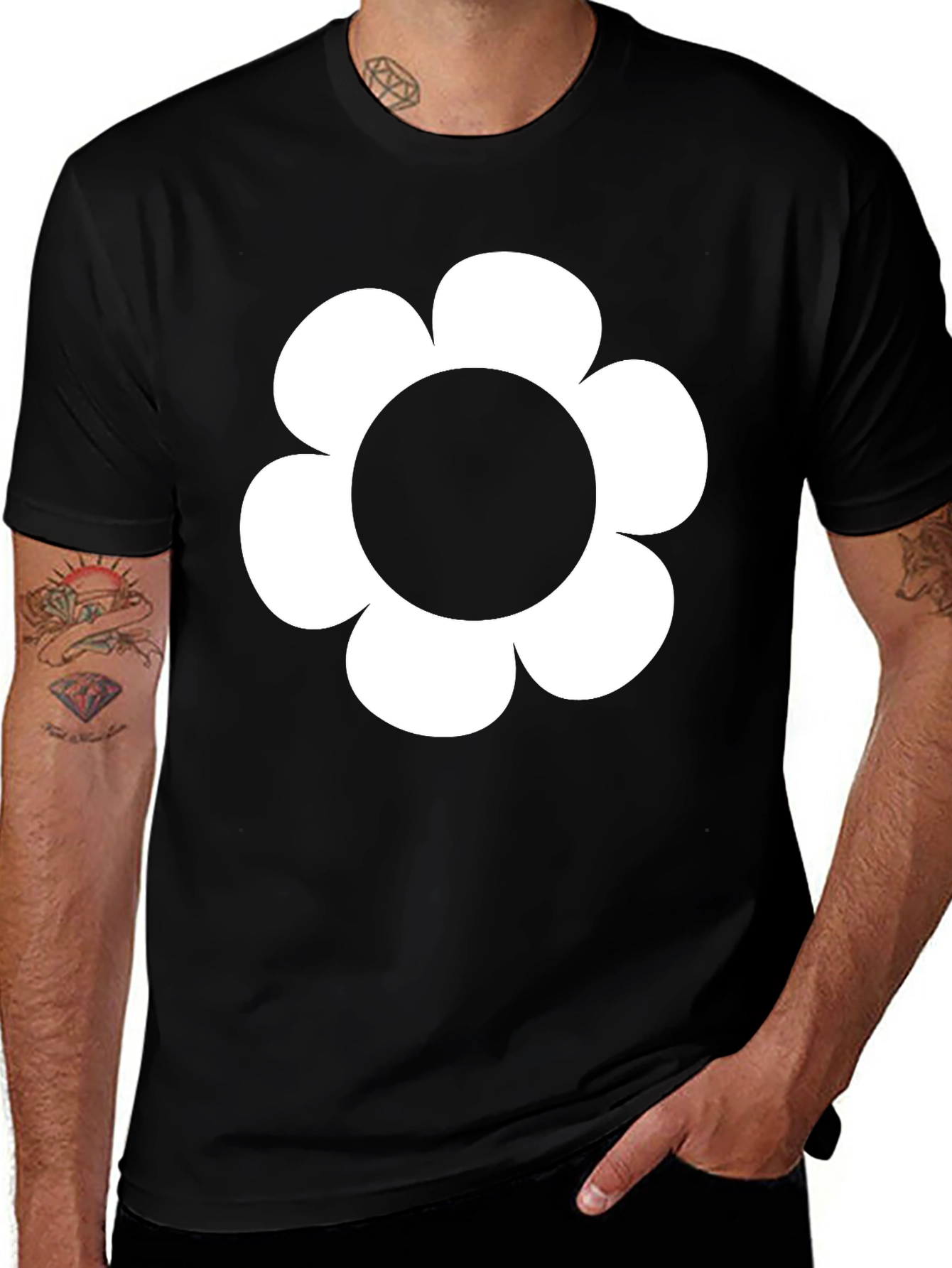 Black T-Shirt with White Flower Graphic