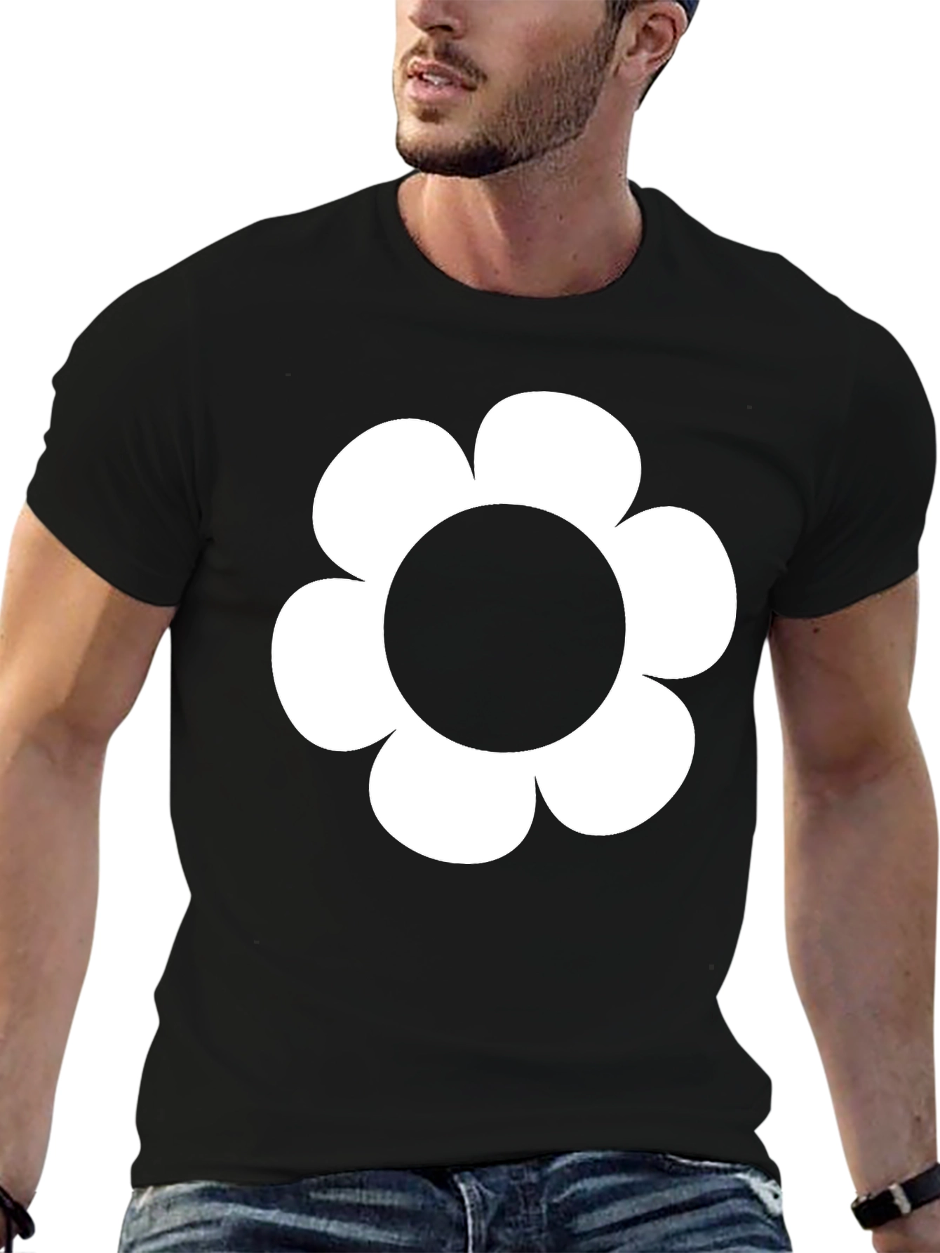 Black T-Shirt with White Flower Graphic