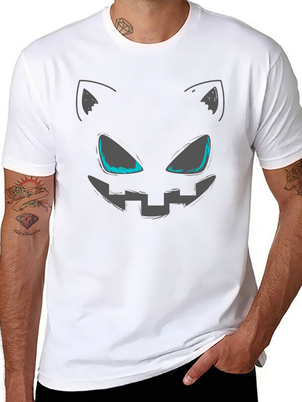 Spooky Cat Face Graphic Tee - Halloween Style