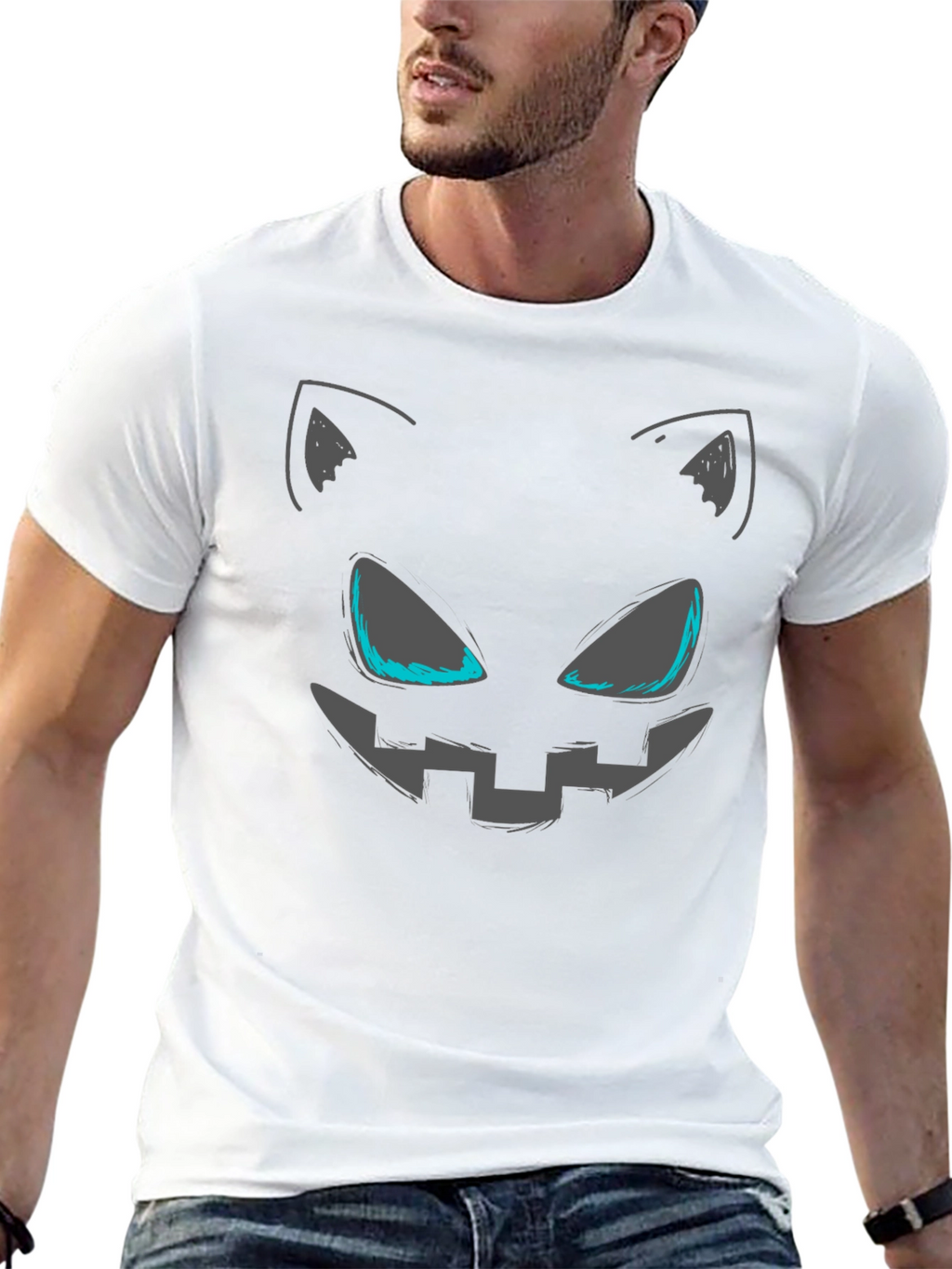 Spooky Cat Face Graphic Tee - Halloween Style
