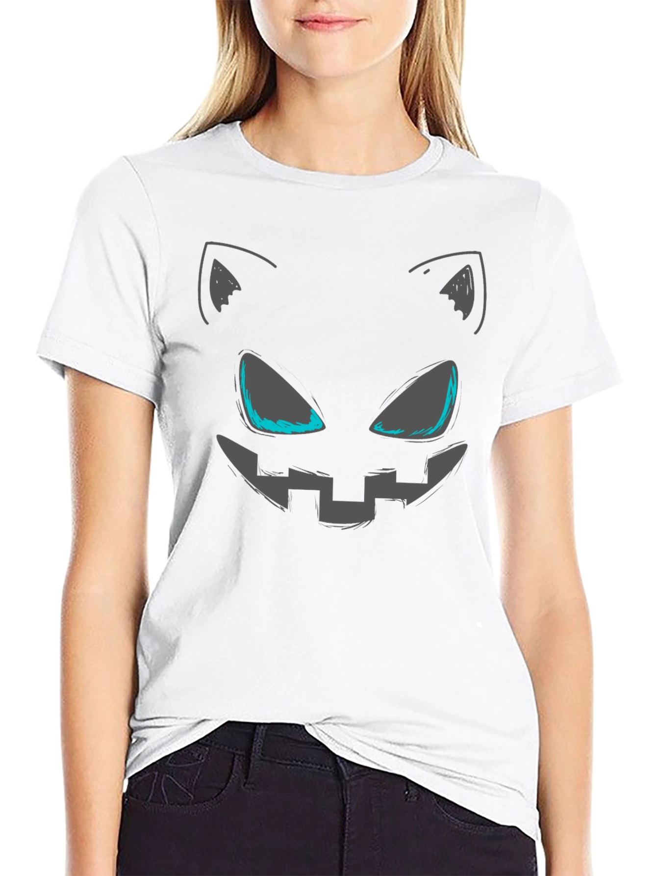 Spooky Cat Face Graphic Tee - Halloween Style