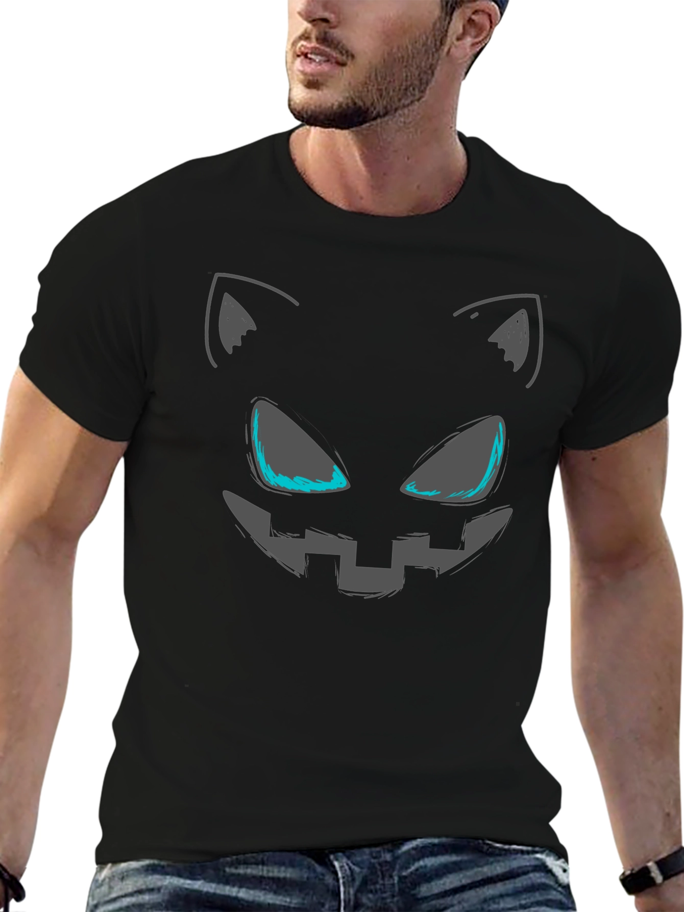 Spooky Cat Face Graphic Tee - Halloween Style