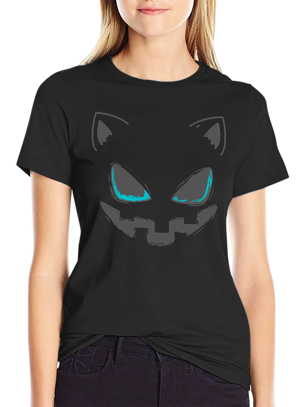 Spooky Cat Face Graphic Tee - Halloween Style