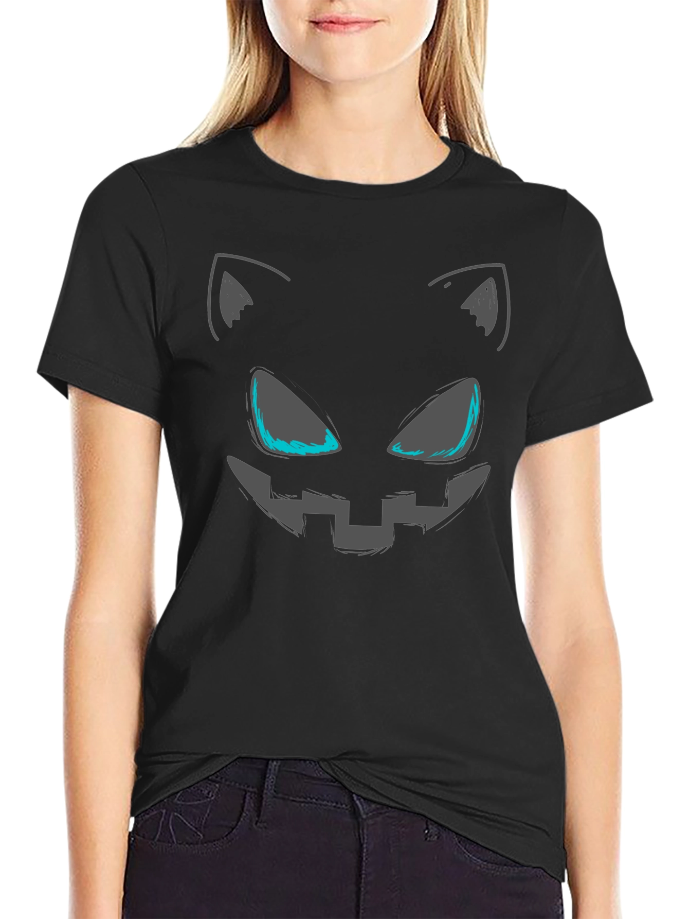 Spooky Cat Face Graphic Tee - Halloween Style