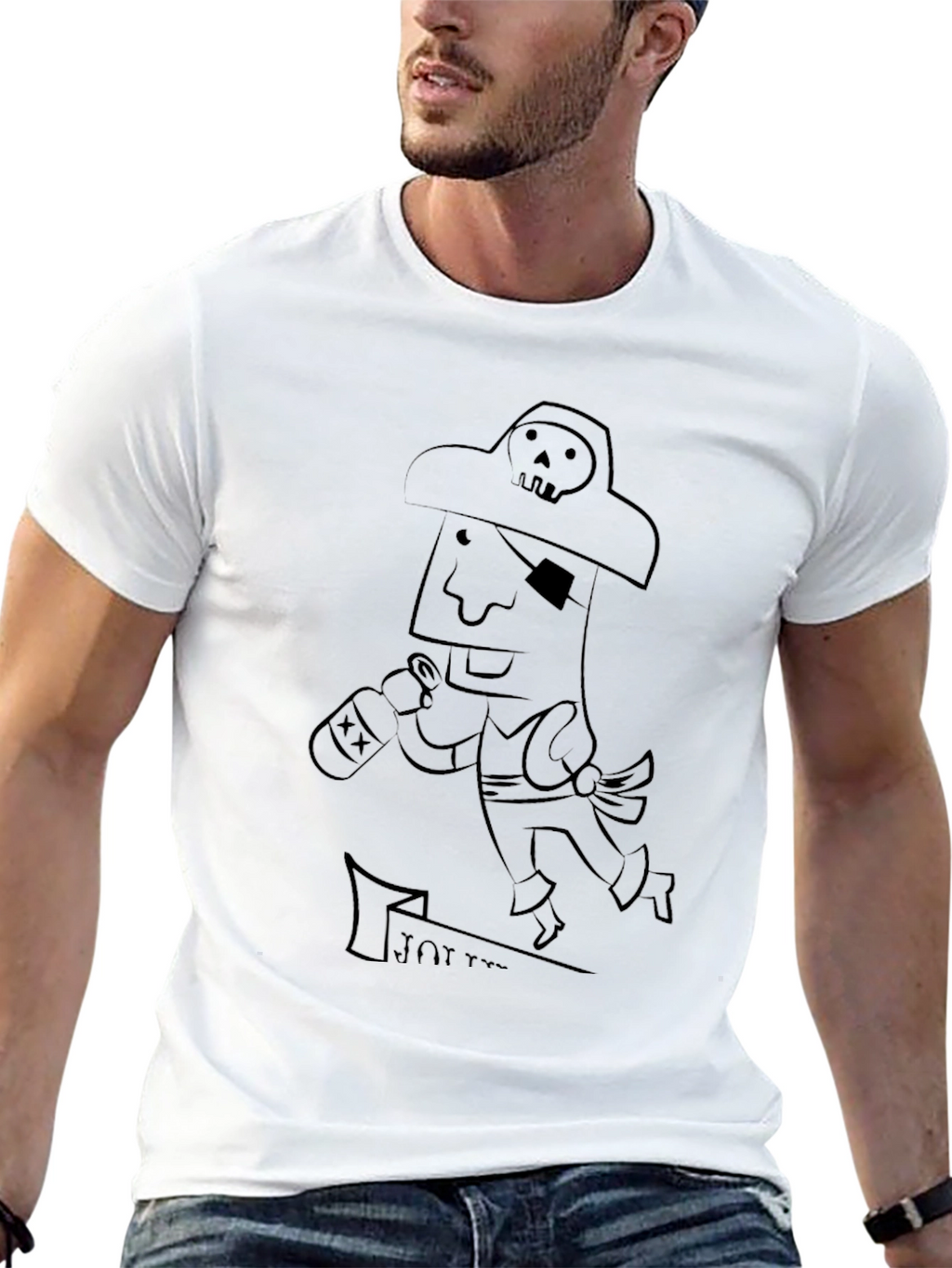 Pirate Cartoon Graphic Tee - Black Cotton T-Shirt