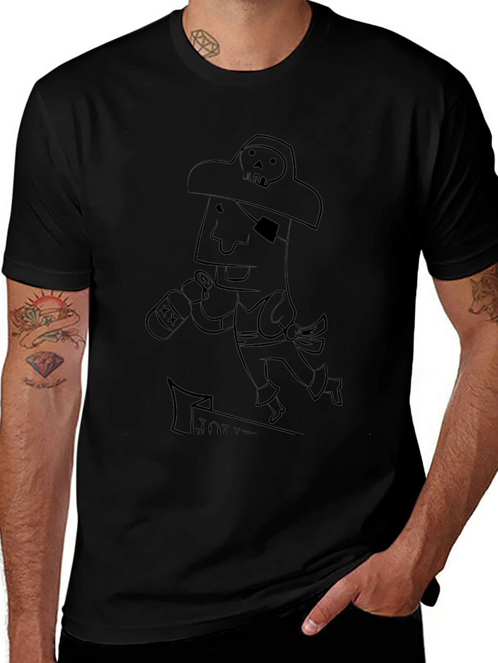 Pirate Cartoon Graphic Tee - Black Cotton T-Shirt