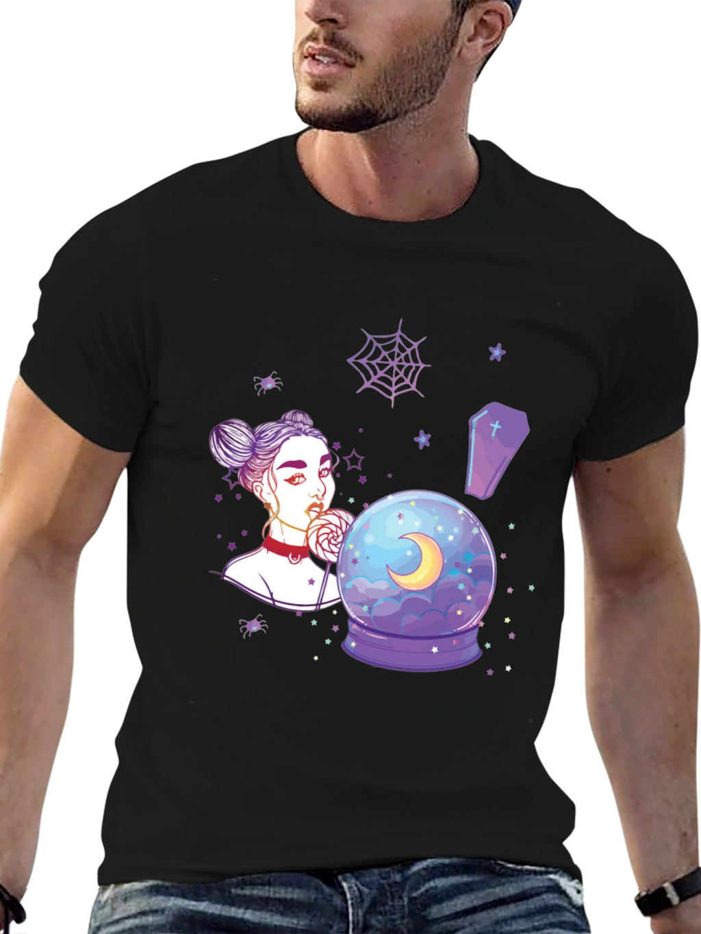 Witchy Girl Graphic T-Shirt - Gothic Moon Design